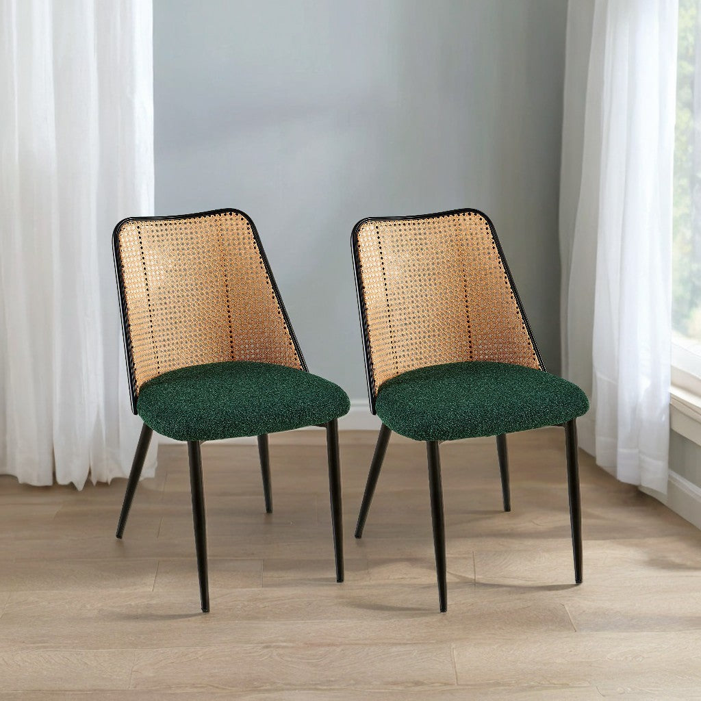 Fallon Modern Rattan Back Side Chairs with Green Boucle Seat Set of 2