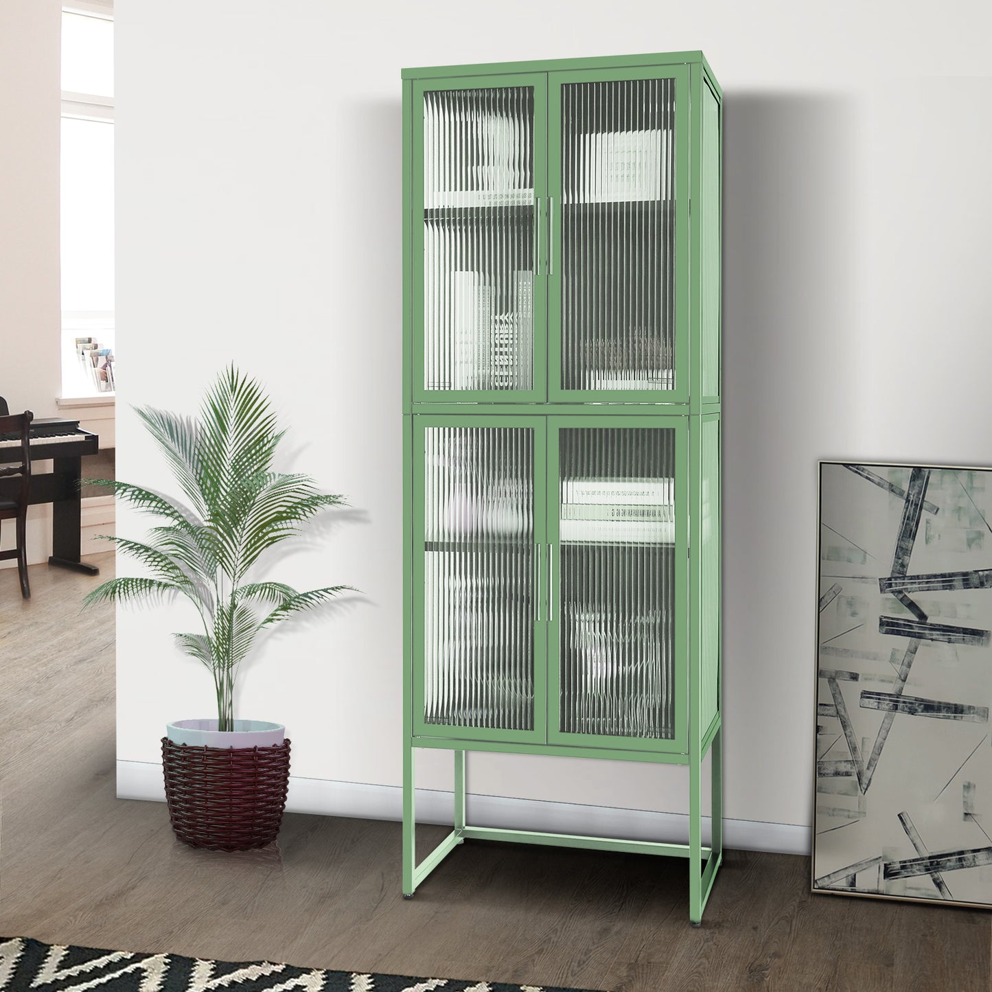 Zane 4-Door Metal Cabinet with Glass Doors, Light Green