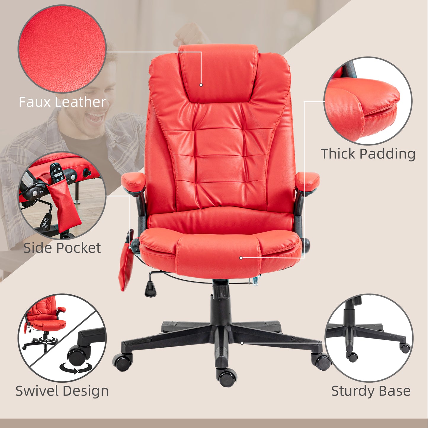 Parisa High Back PU Leather Executive Office Chair with Head & Massage, Red