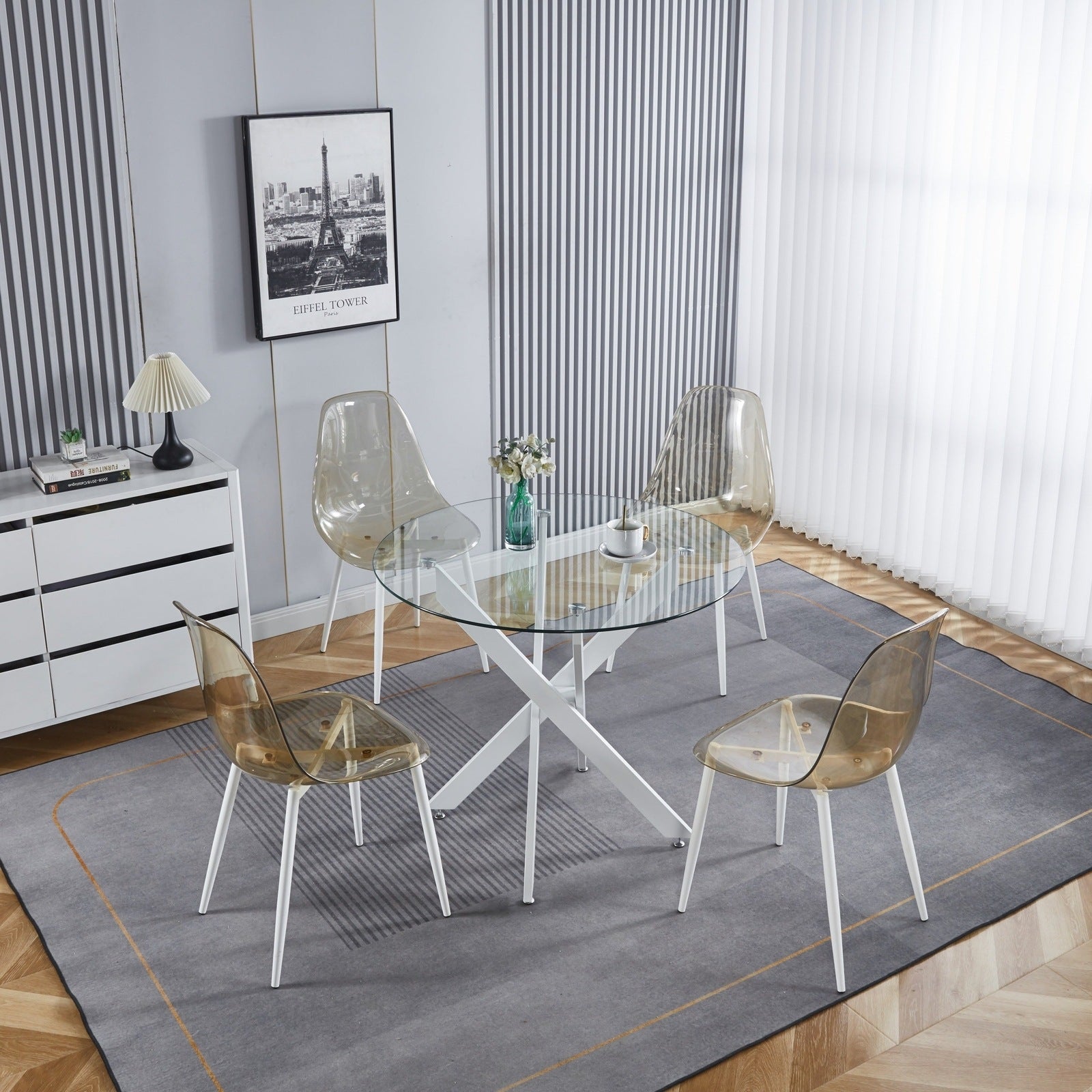 Mod 35" Round Glass Top Dining Table with White Crossed Leg Base