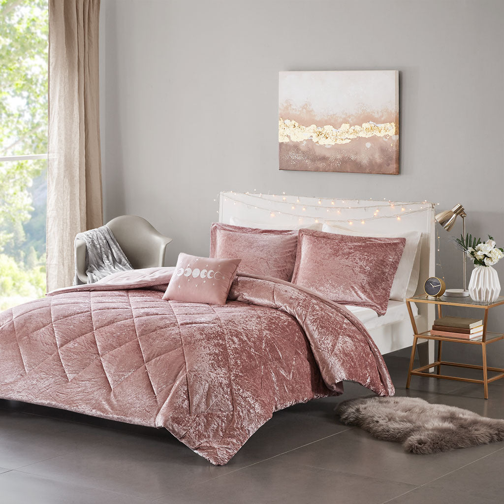 Blush Velvet Comforter Set with Throw Pillow