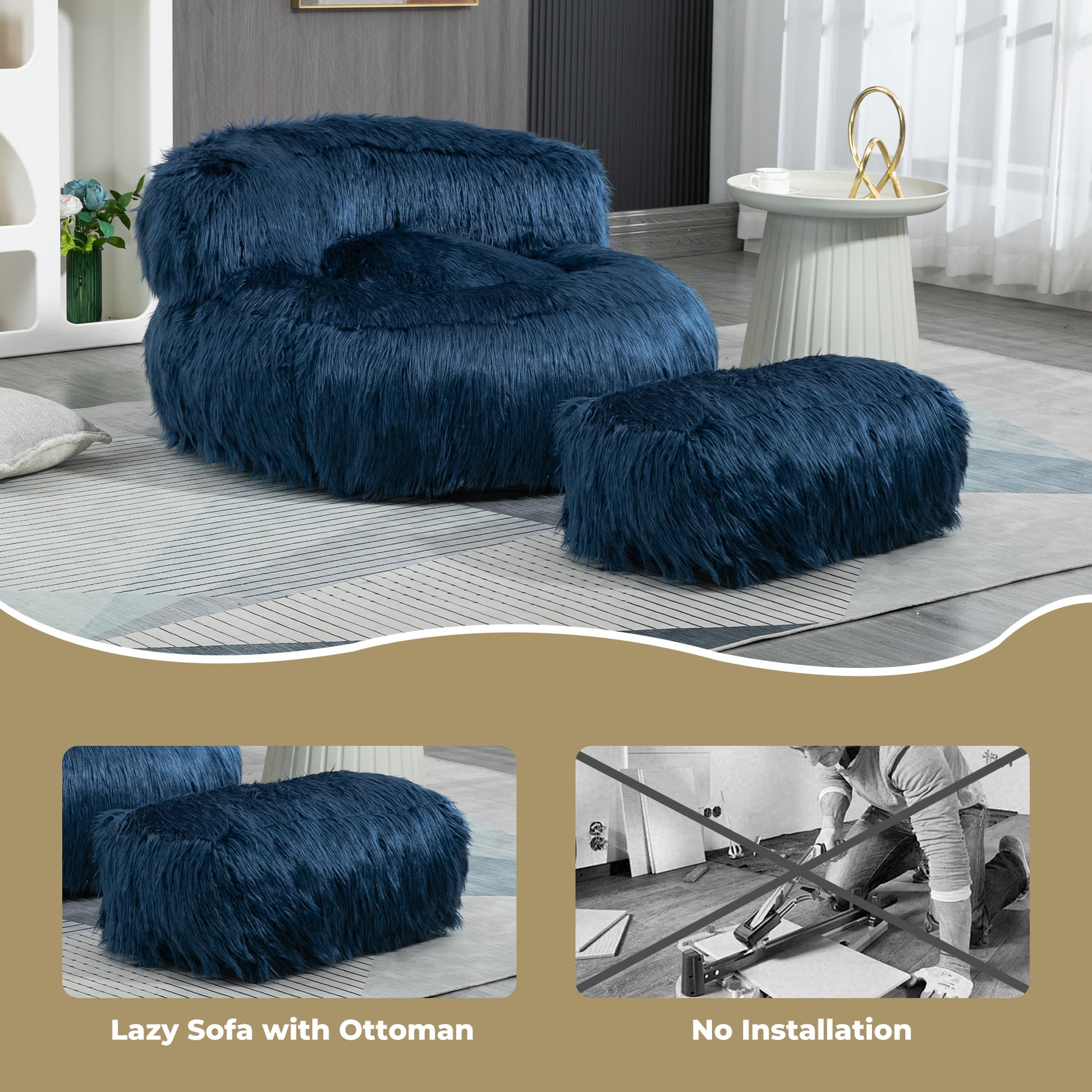 Coolmore Chic Comfort Navy Bean Bag Chair & Ottoman for Gaming and Relaxation