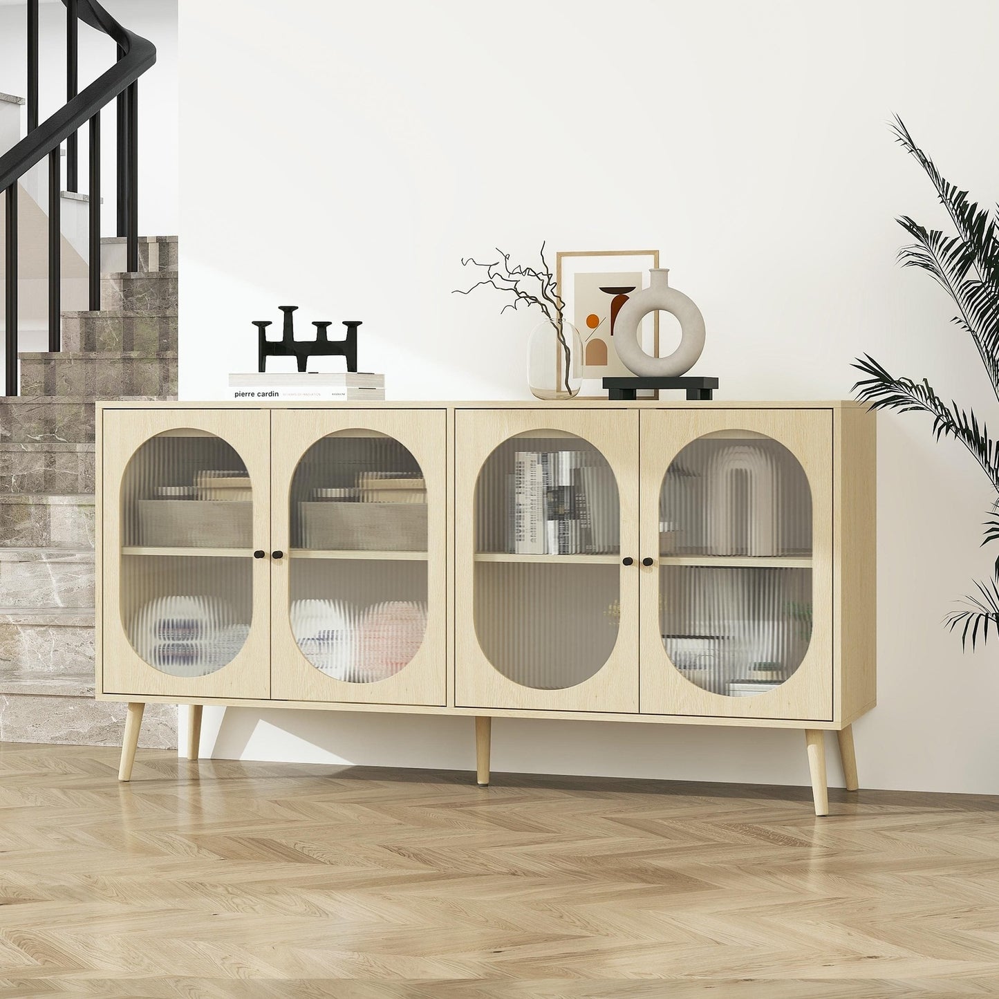 Avery Natural Finish 4-Door Cabinet with Glass Doors