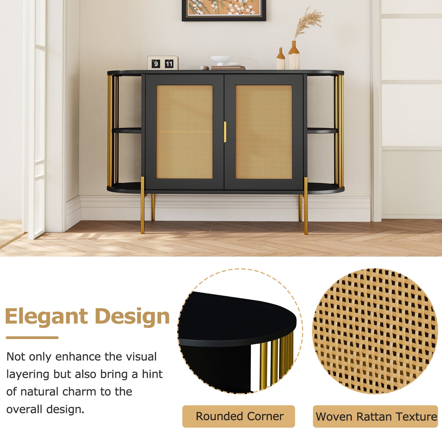 Dinara Elegant Curved Cabinet with Gold Trim & Rattan Doors, Black