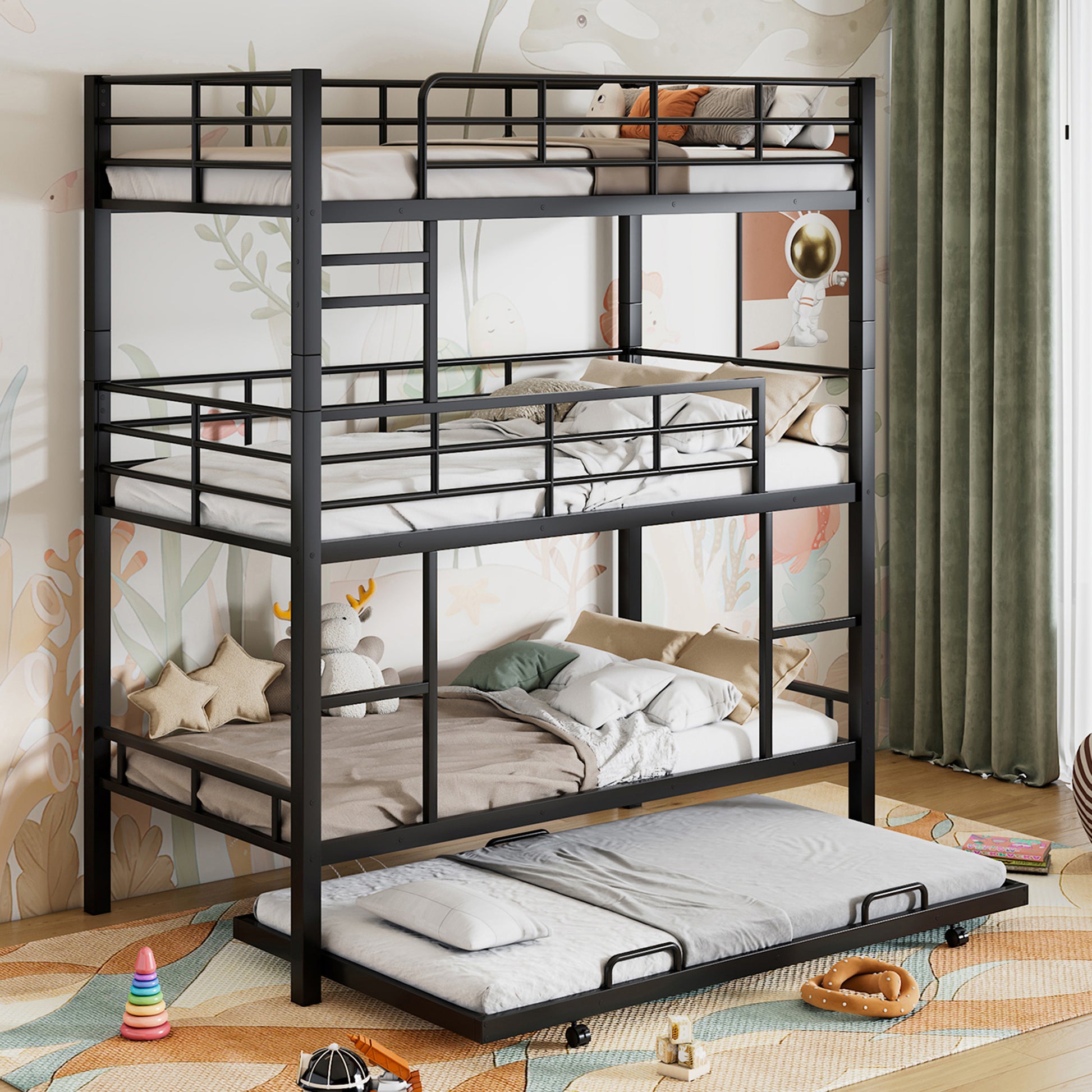 Emily Metal Twin Size Triple Bunk Bed With Trundle, Black