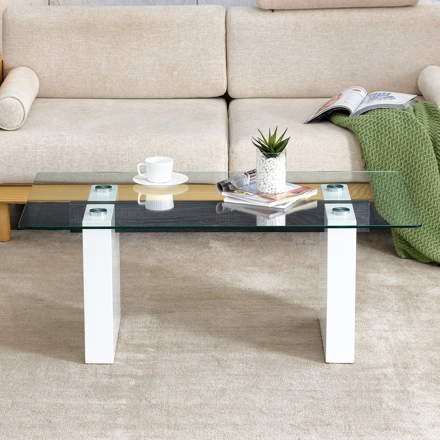 Mabel Modern Glass Top Coffee Table with White Legs