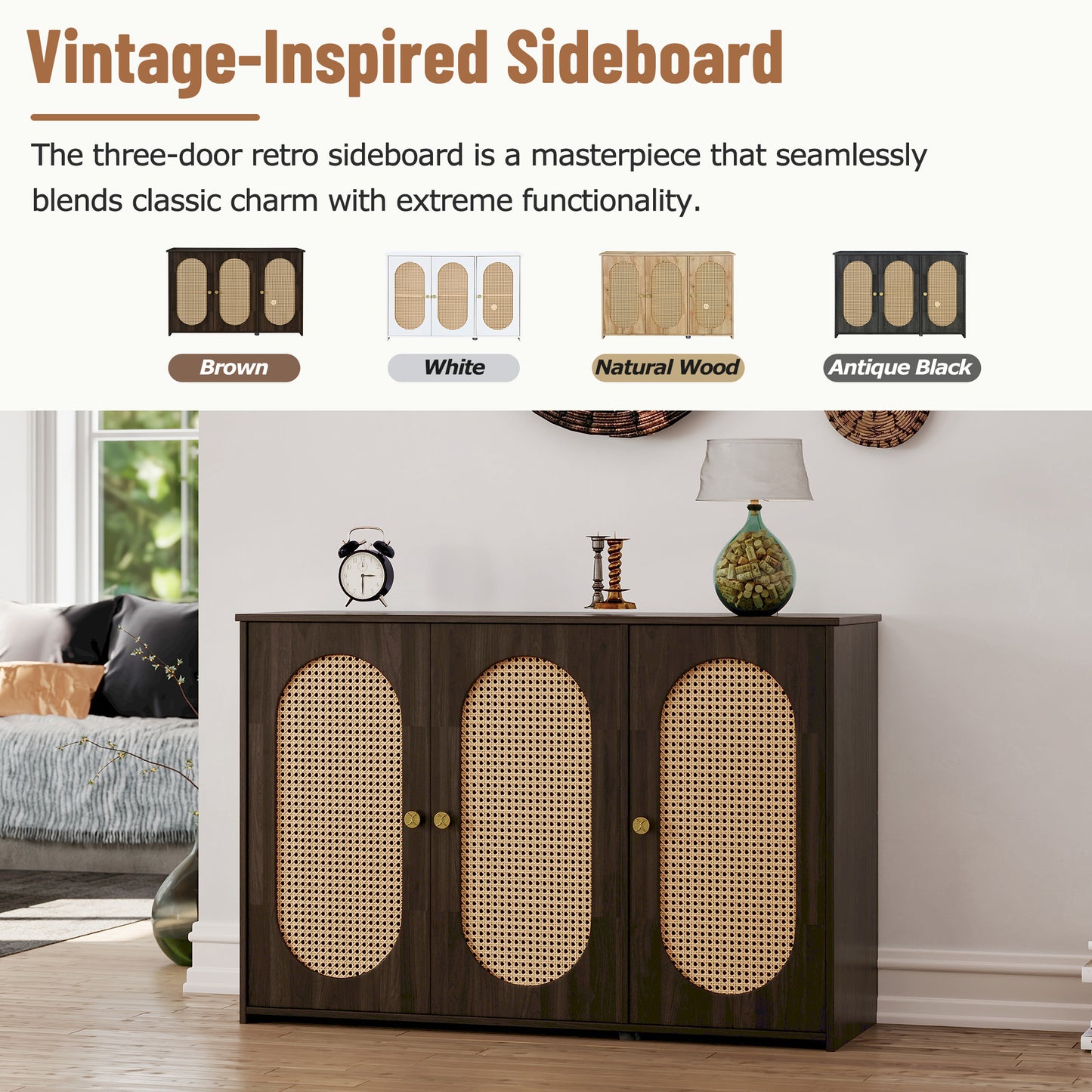 Blyth 3-Door Sideboard with Rattan Doors, Brown