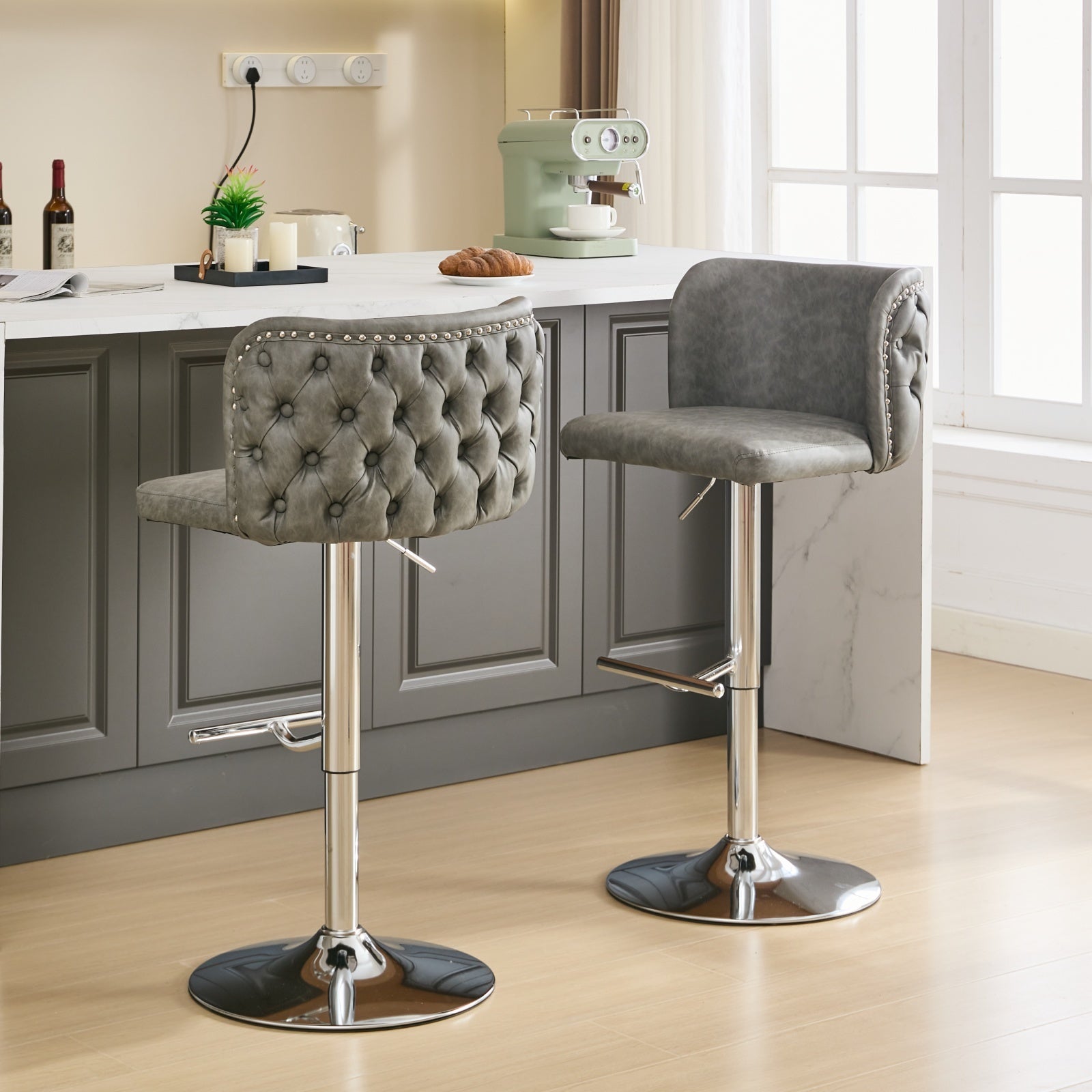 A&A Furniture Stylish Comfort Adjustable Swivel Barstools with Chrome Base & Tufted Faux Leather Set of 2 Gray