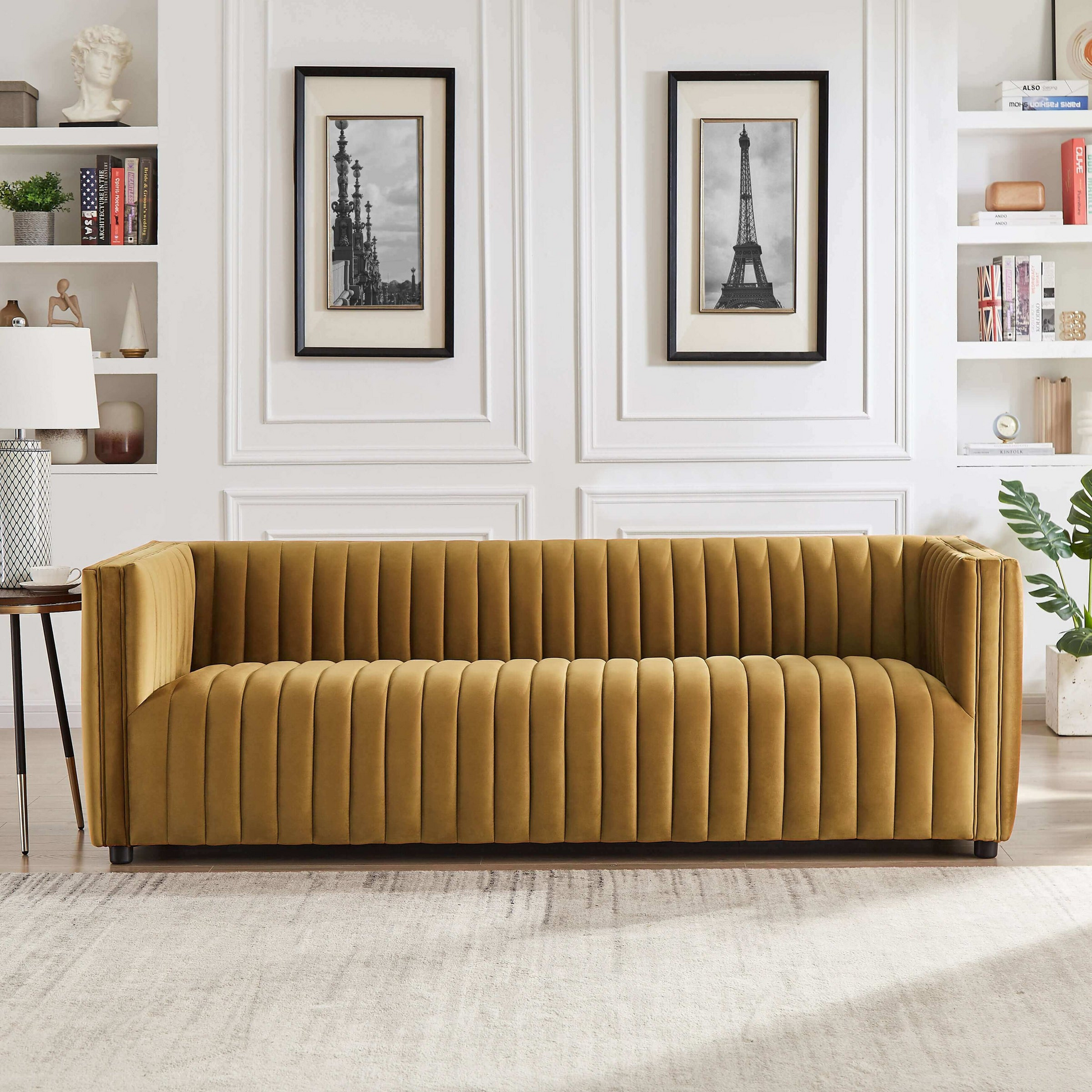 Dominic Modern Channel Tufted Velvet Sofa, Dark Yellow