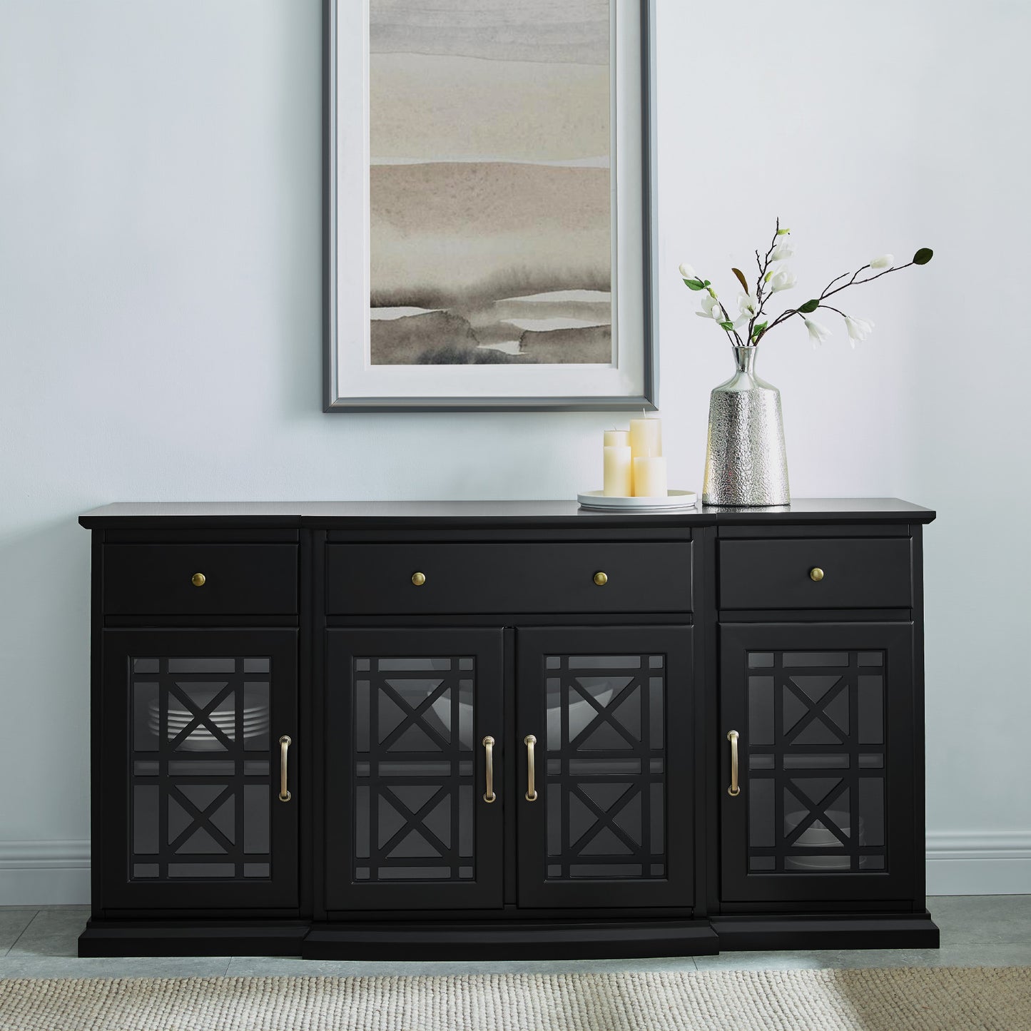 Faye Classic Fretwork Detailed Glass-Door Sideboard - Black