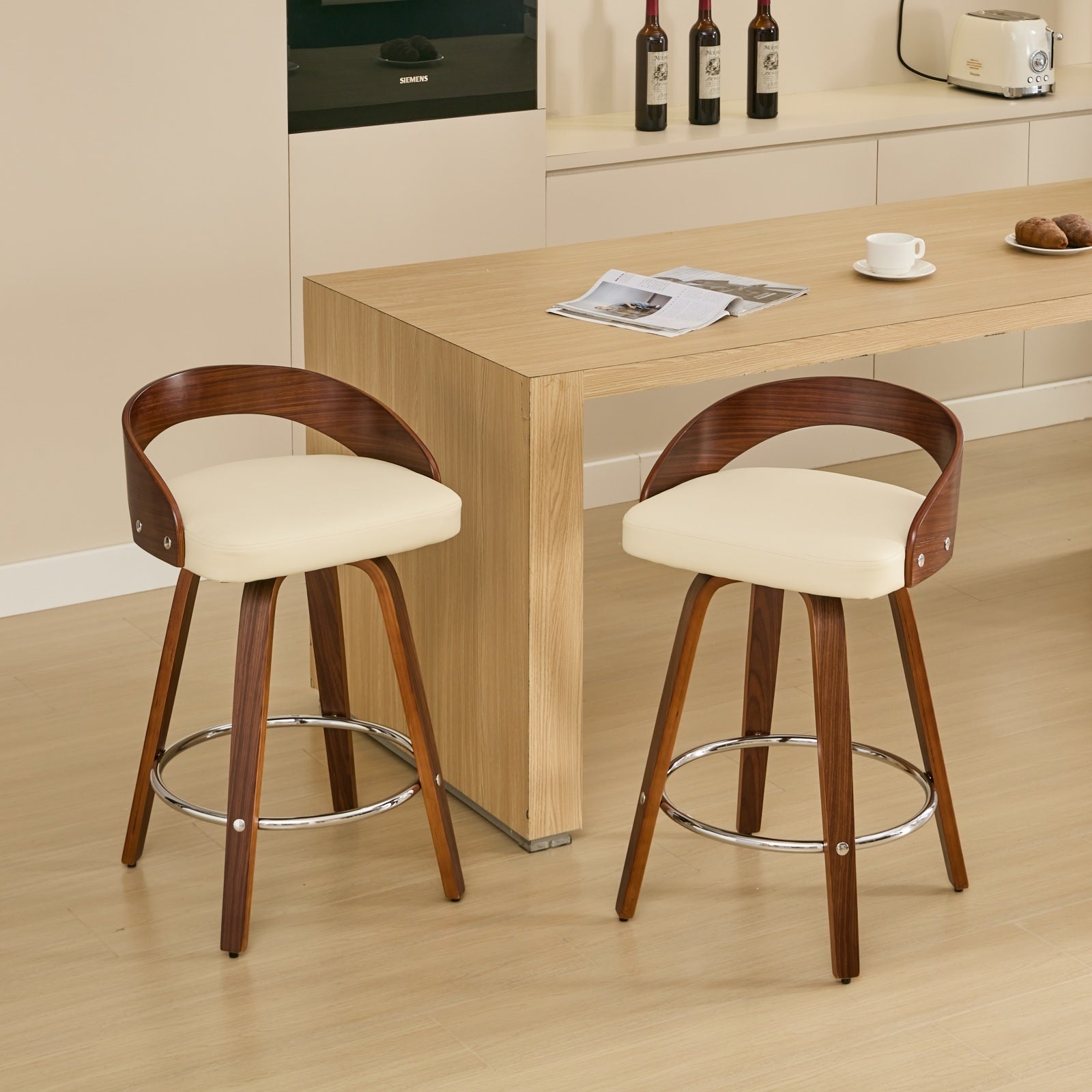 Sienna Beige Swivel Bar Stools with Low Back and Soft Cushion Seat, 25-Inch Height - Set of 2