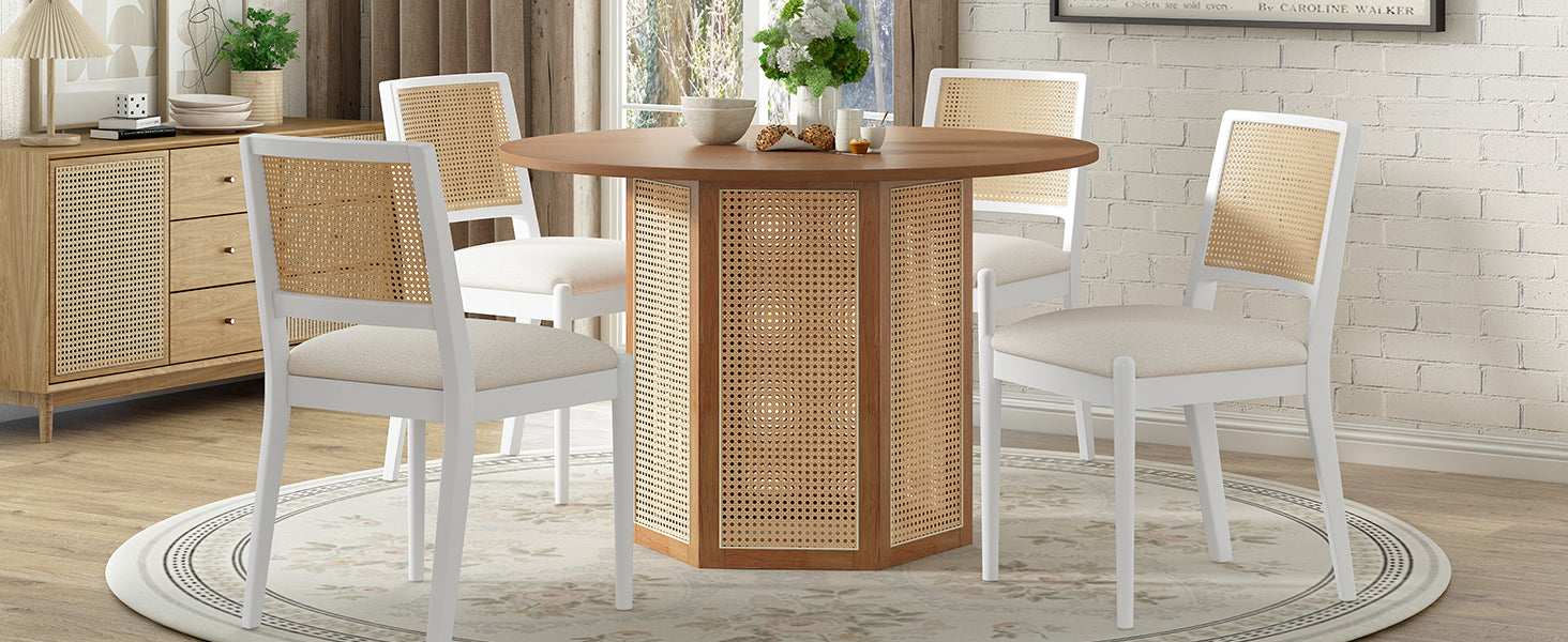 Camden 5-Piece Rattan Round Dining Table Set, White. & Beige