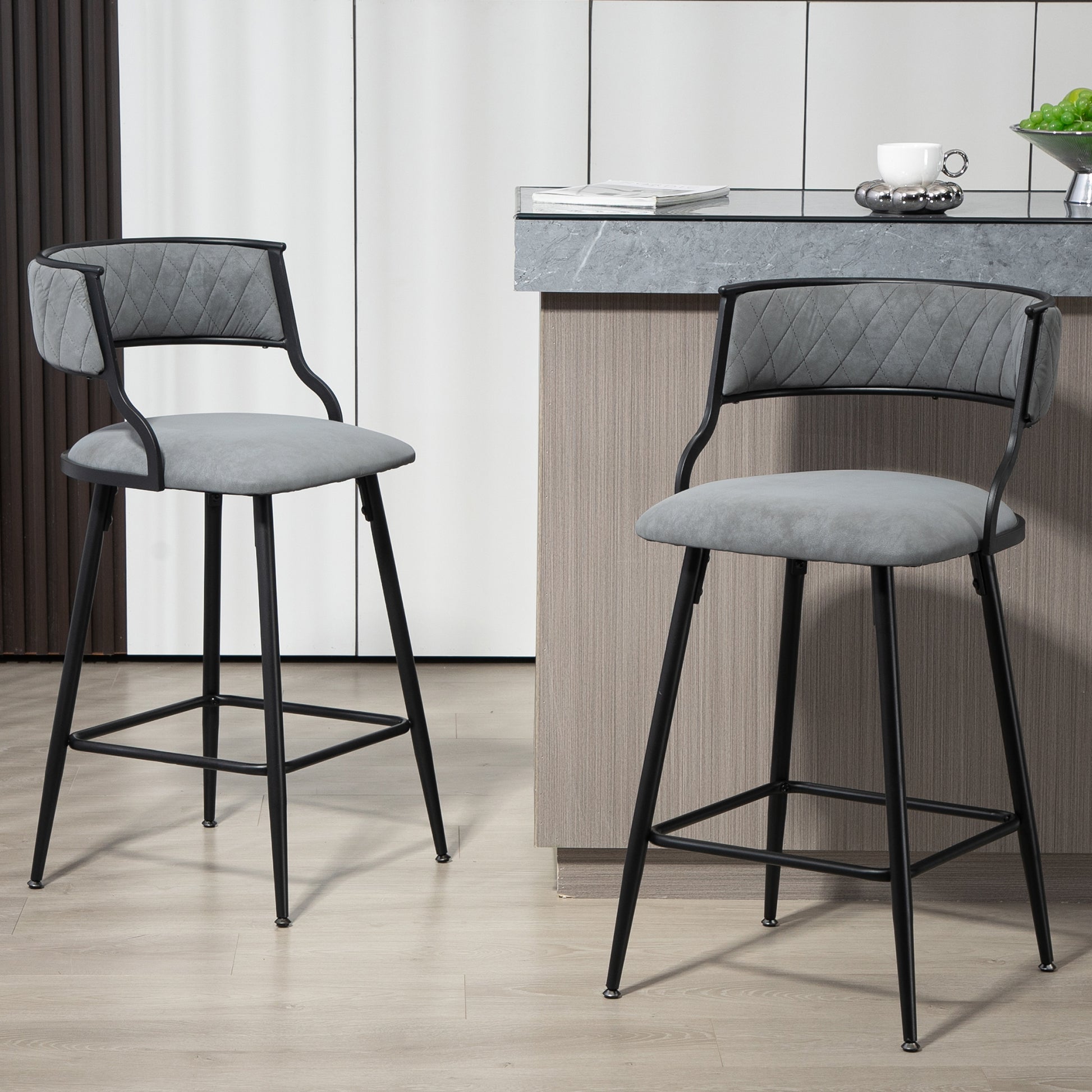 Contemporary 26'' Grey Faux Leather Counter Height Bar Stools with Black Powder-Coated Base and Footrest Set of 2 Grey