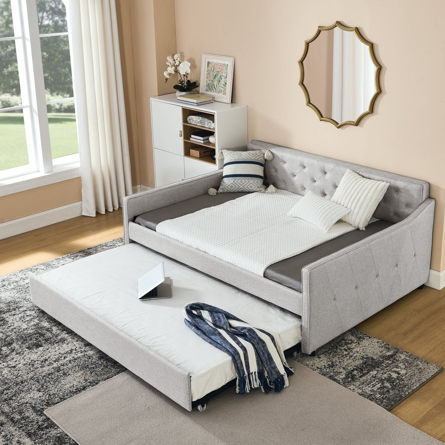 Aria Twin Size Linen Daybed & Trundle Set, Beige