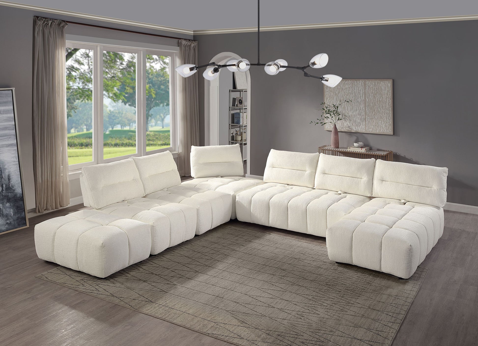 Loanna Beige Linen Modular Sectional with Ottoman