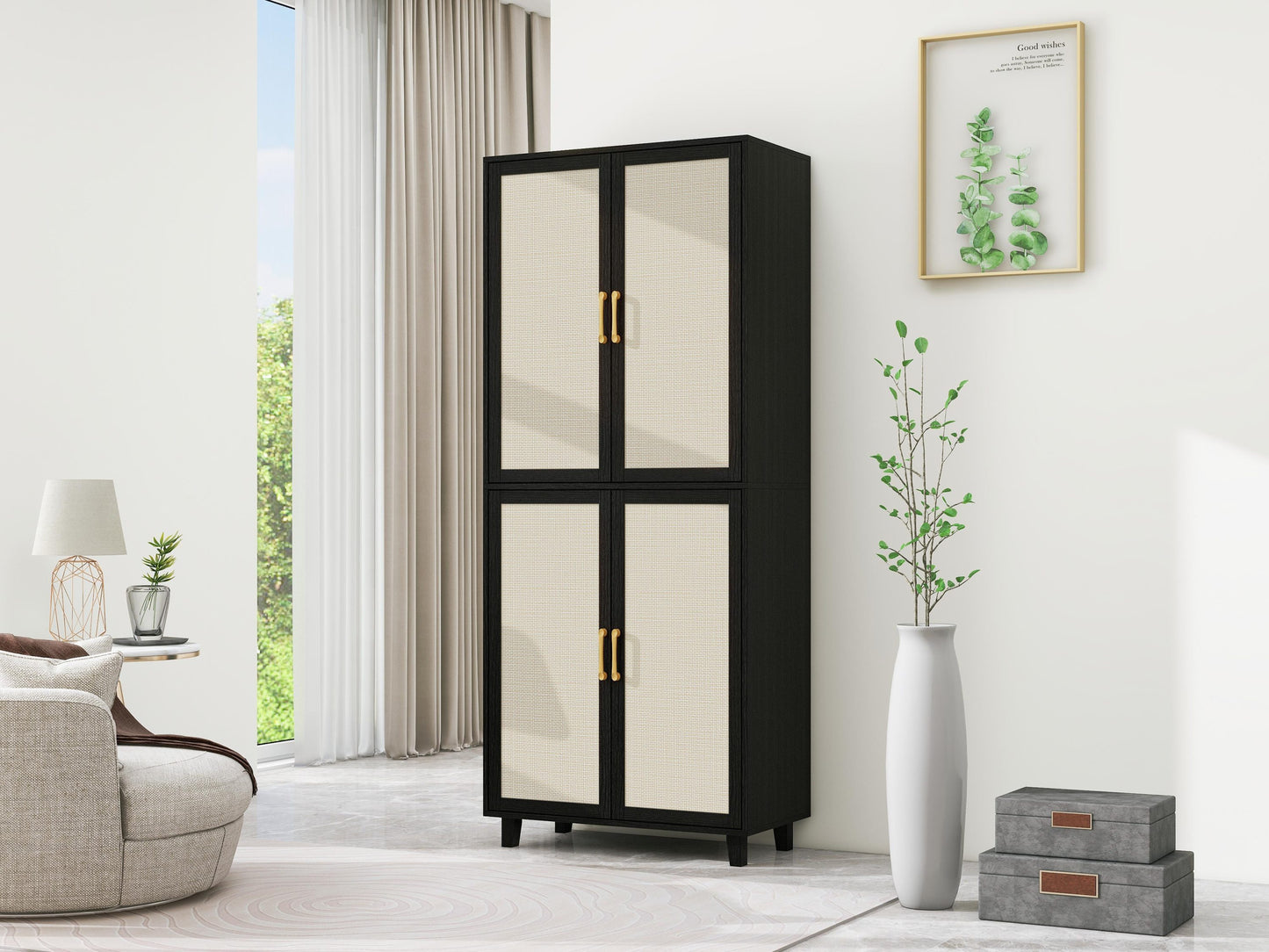 Owen 4-Door Cabinet in Black with Natural Rattan Fronts