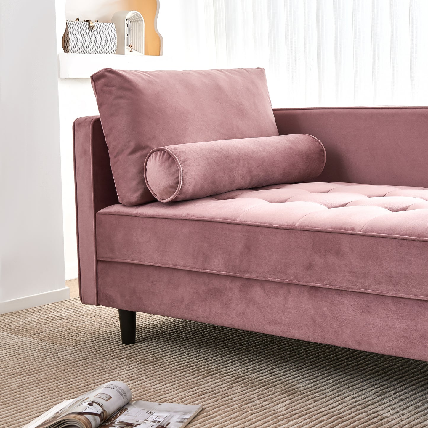 Leocadia Mid-Century Modern Velvet Chaise Lounge, Pink