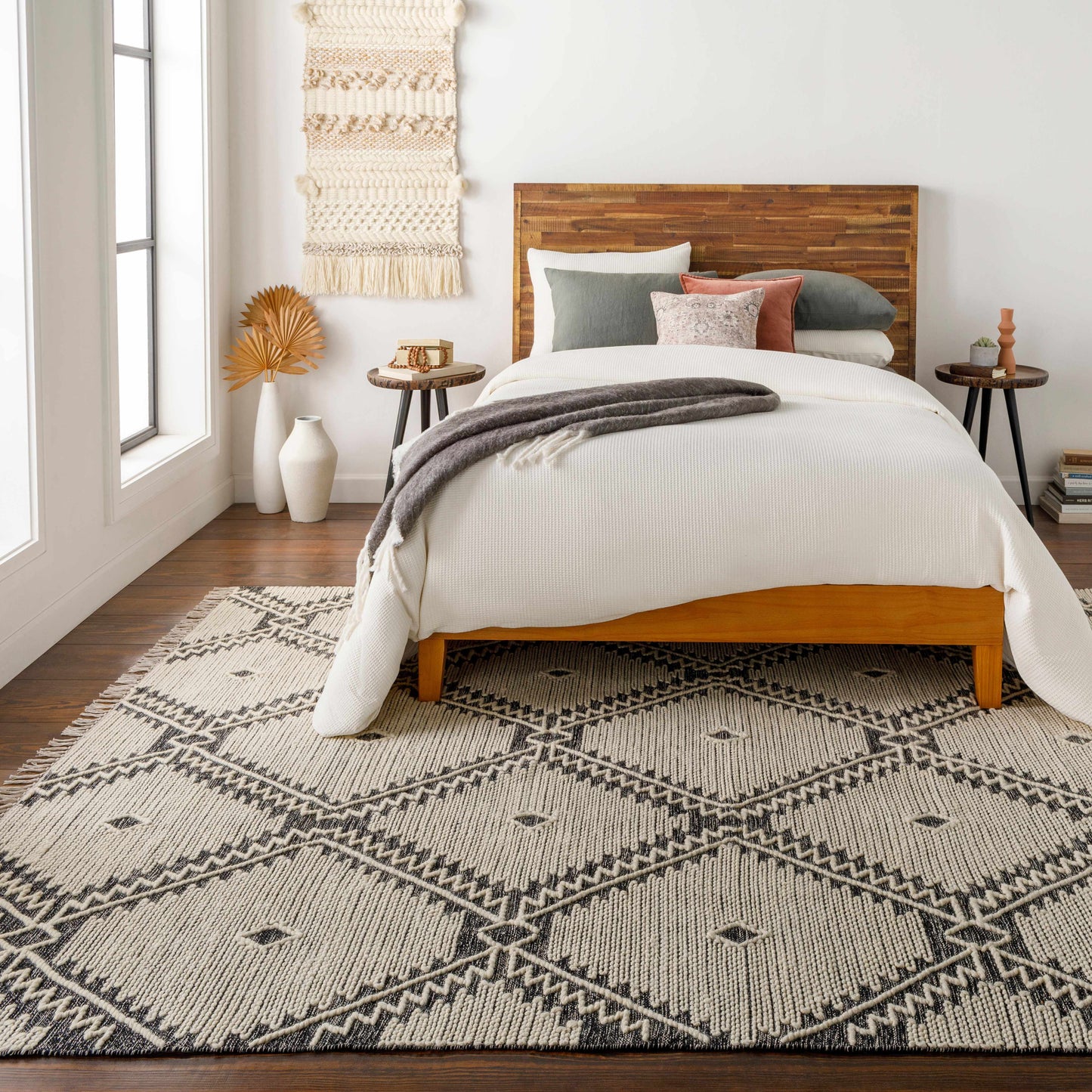 Brownhills Cream&Black Trellis Cotton Area Rug