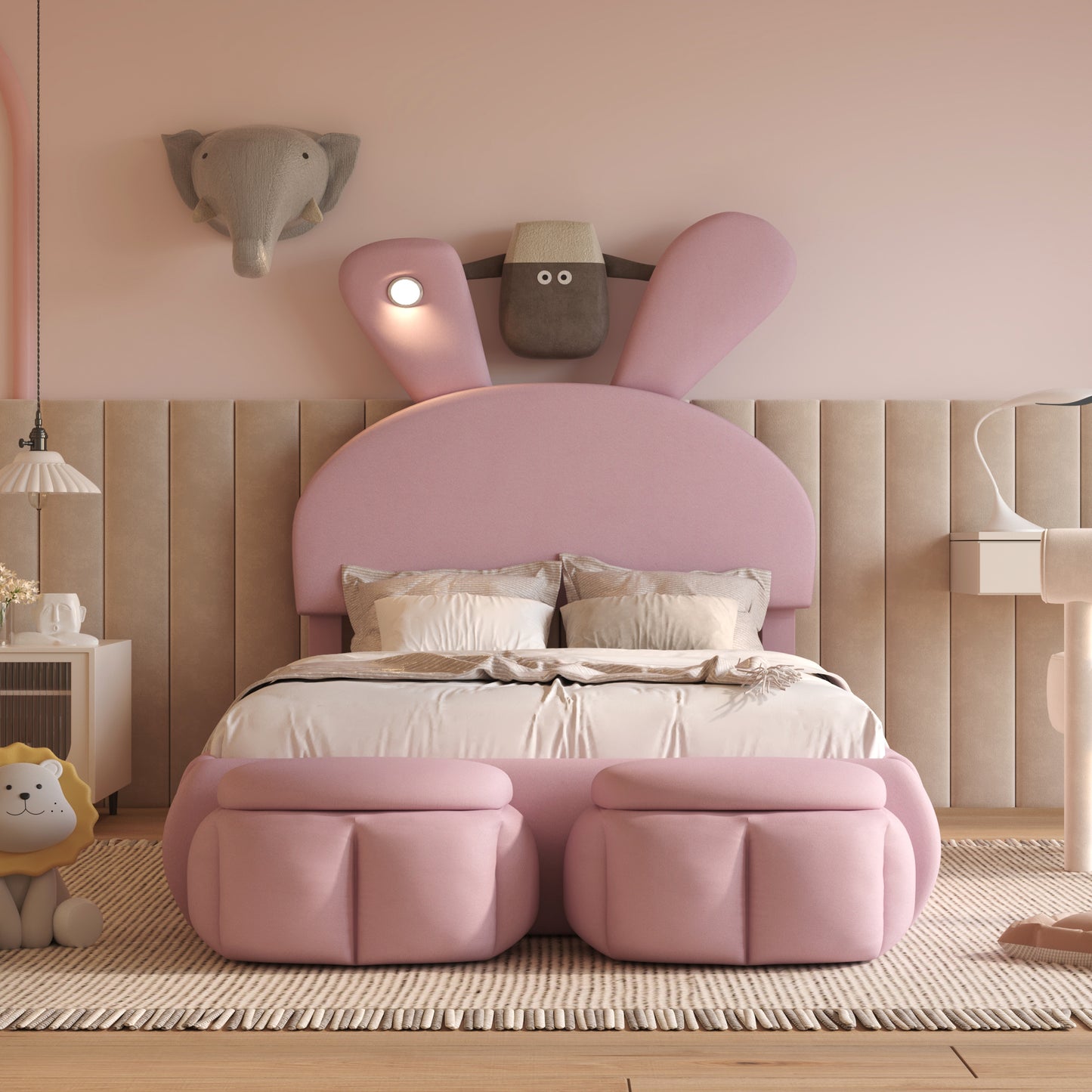 Tomo Twin Size Upholstered Platform Bed with Cartoon Ears Shaped Headboard and Light, Pink