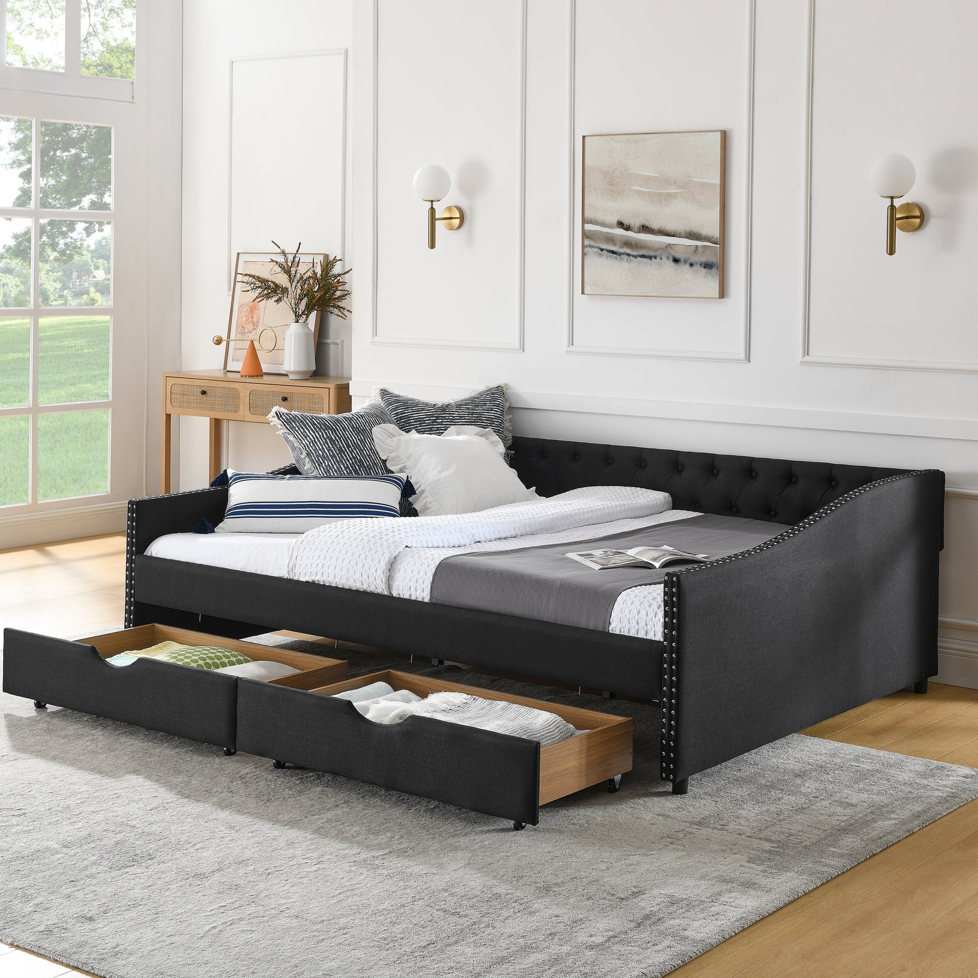 Lior Queen Size Tufted Linen Daybed with Drawers, Black