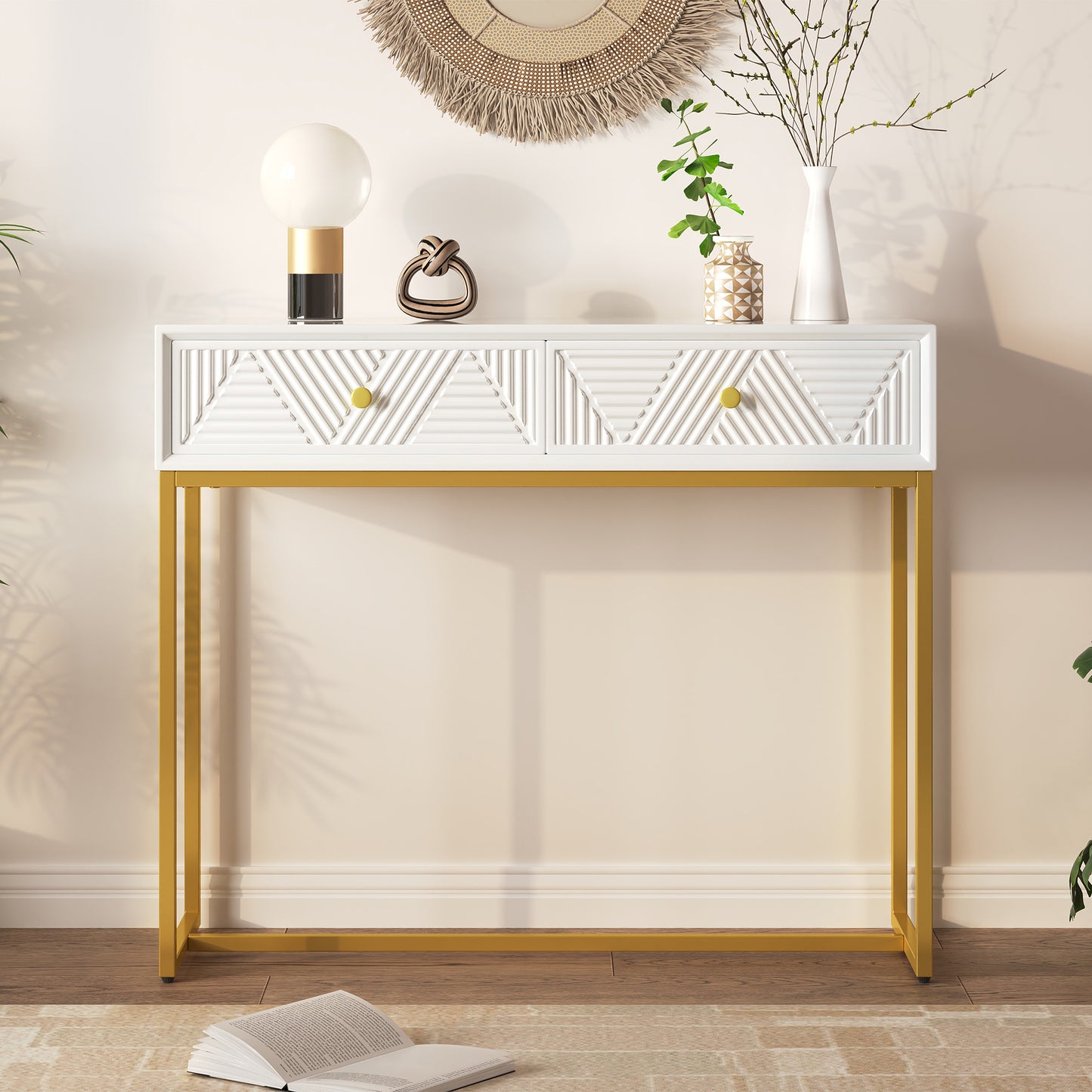 Jessalyn Modern 2-Drawer Console Table with Gold Legs, White