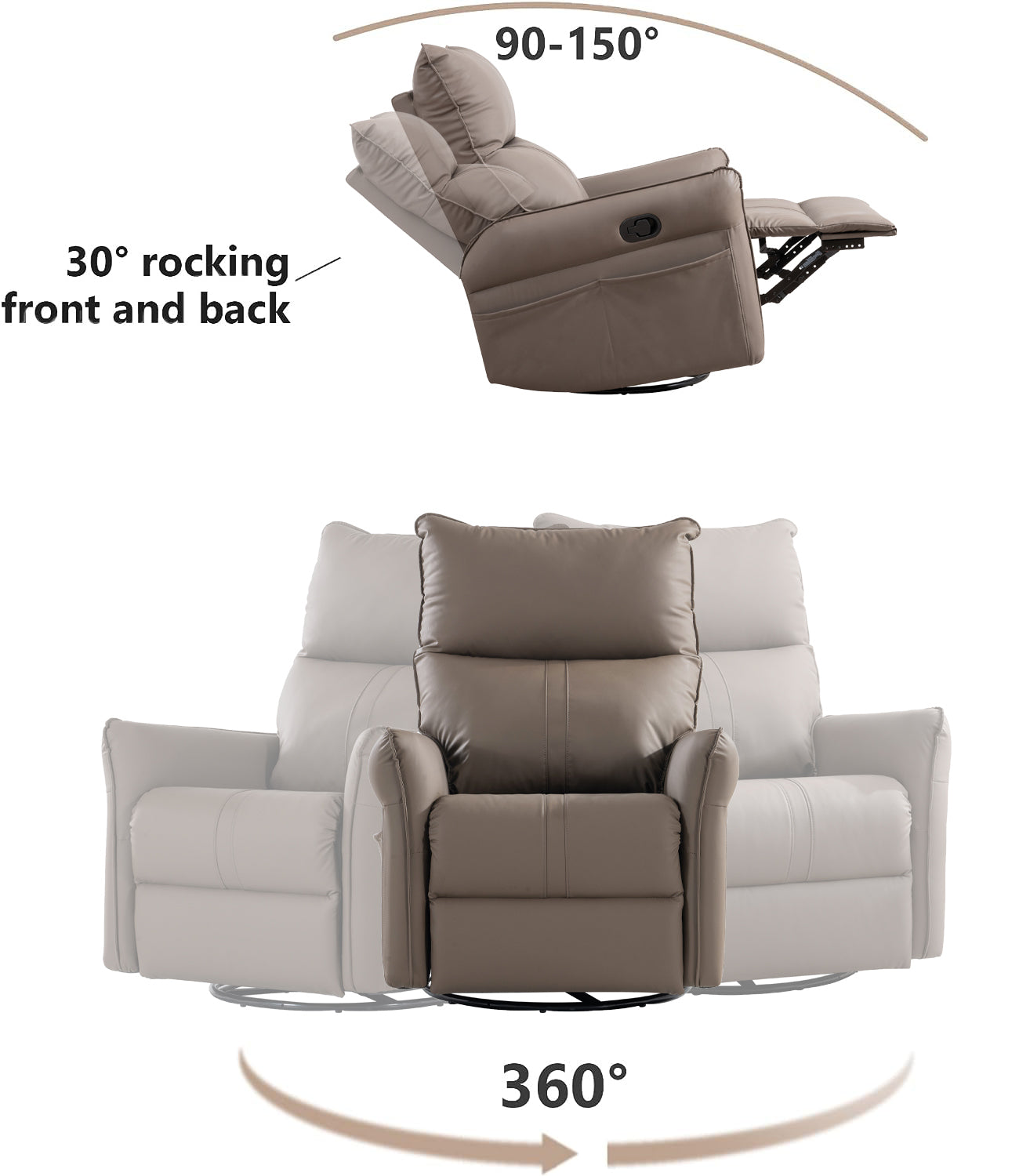 Jaxon PU Leather 360° Swivel Rocker Recliner, Brown