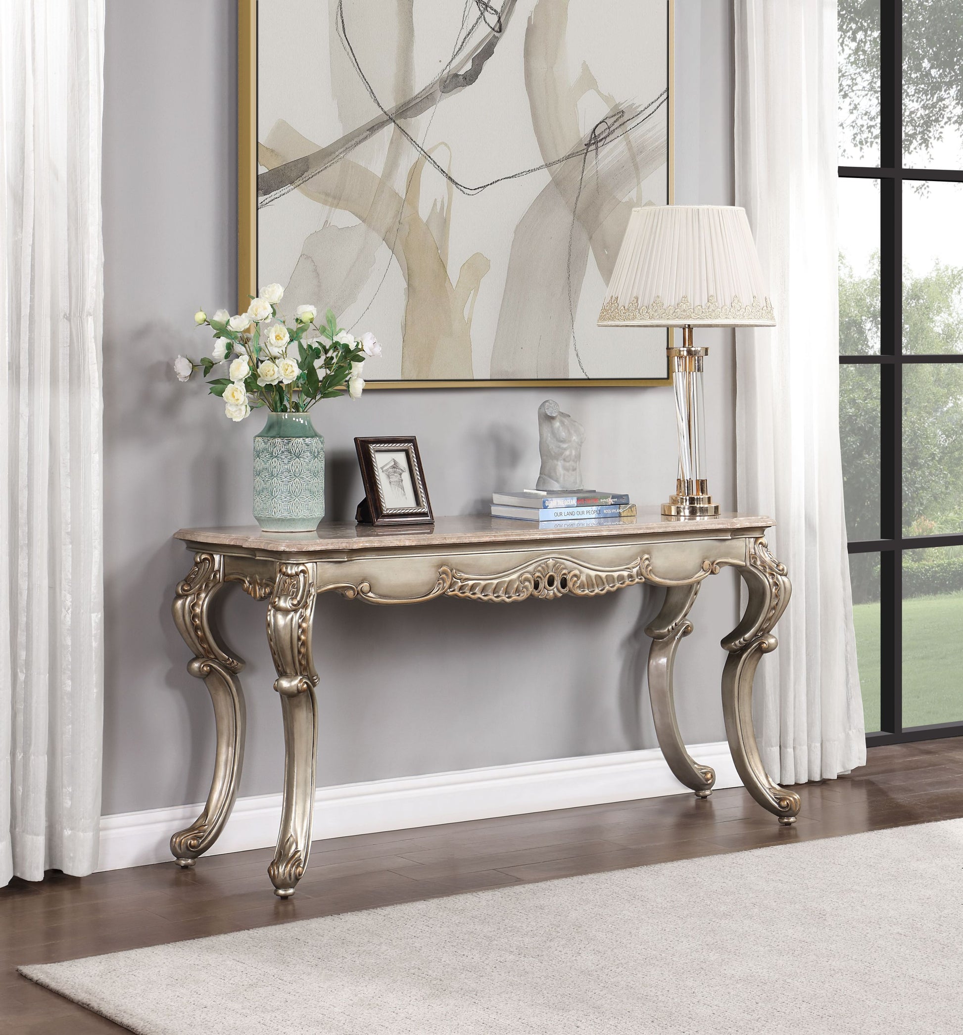 ACME Miliani Sofa Table, Natural Marble & Antique Bronze Finish LV01785