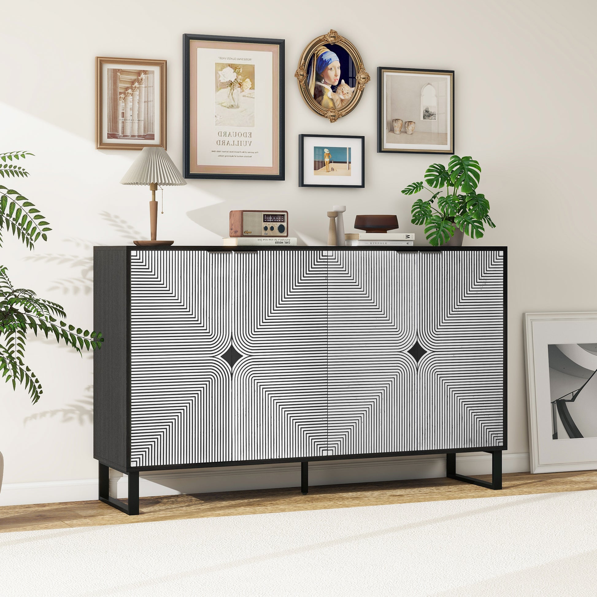 Aveline 4-door Black & White Striped Accent Cabinet