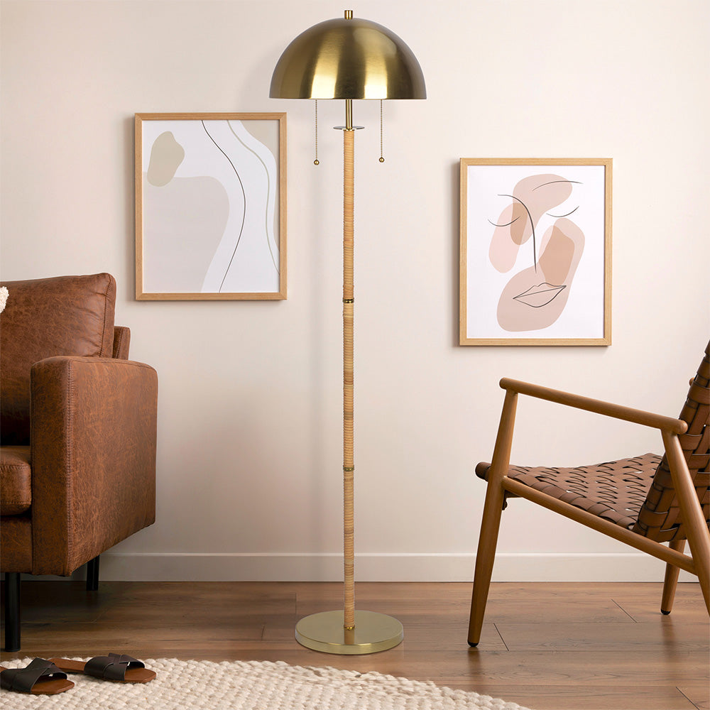 Allure 2-Light Floor Lamp, Gold Brass, Natural Rattan Tube , Double On/Off Pull Chain