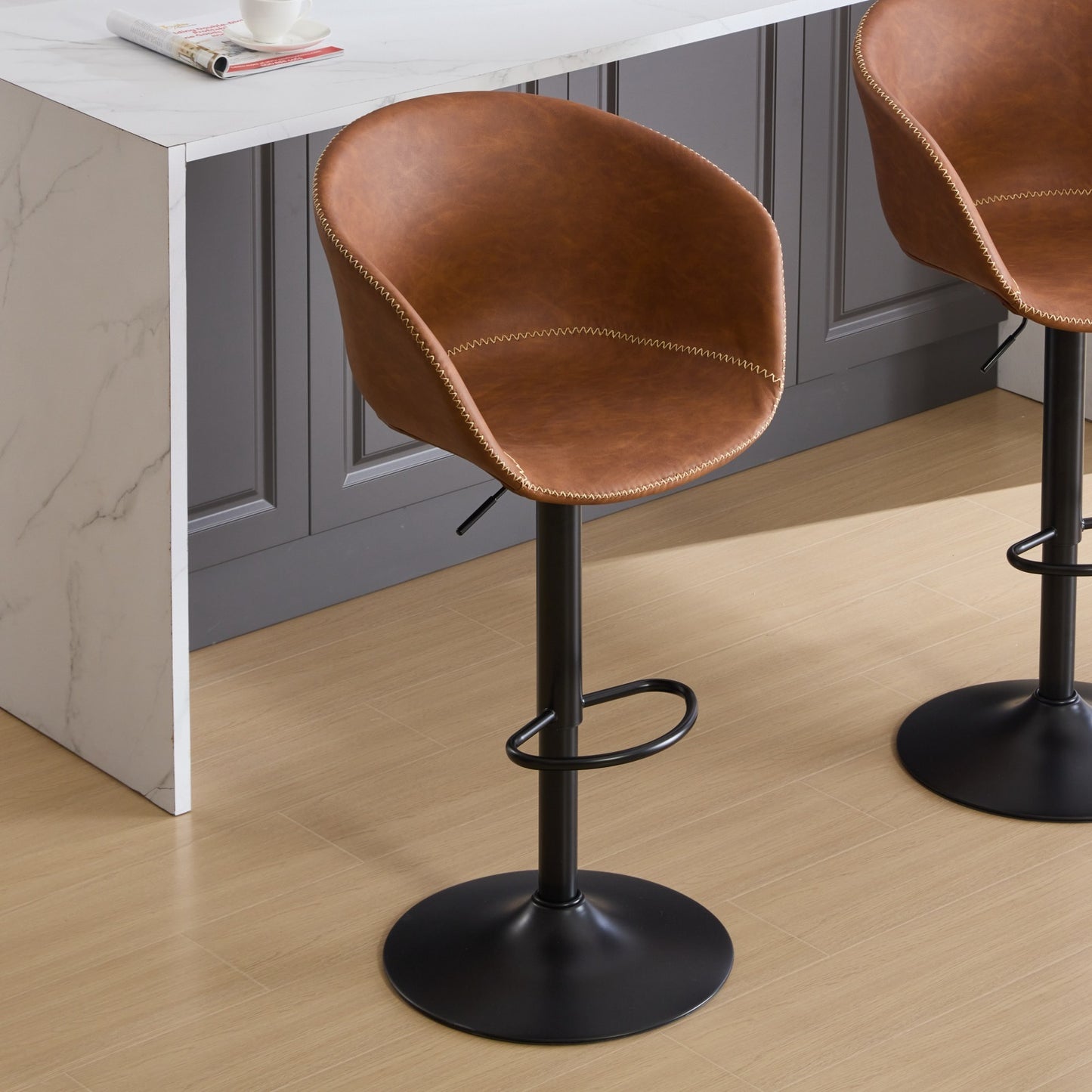 Minimalist Charm Brown Adjustable Swivel Bar Stools in Mid-Century Modern Faux Leather