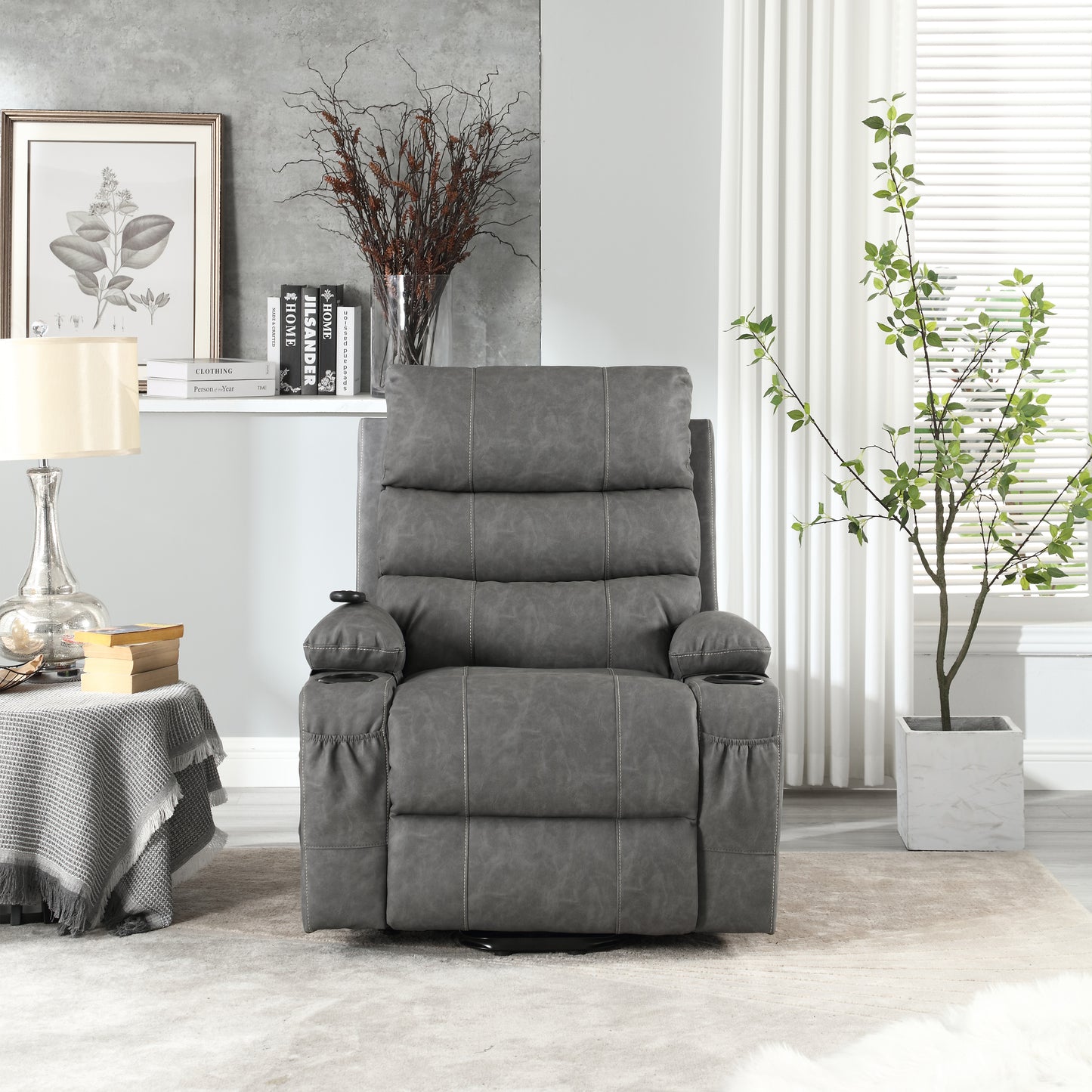 Selini Oversize PU Leather Power Lift Recliner with Massage & Heat, Gray