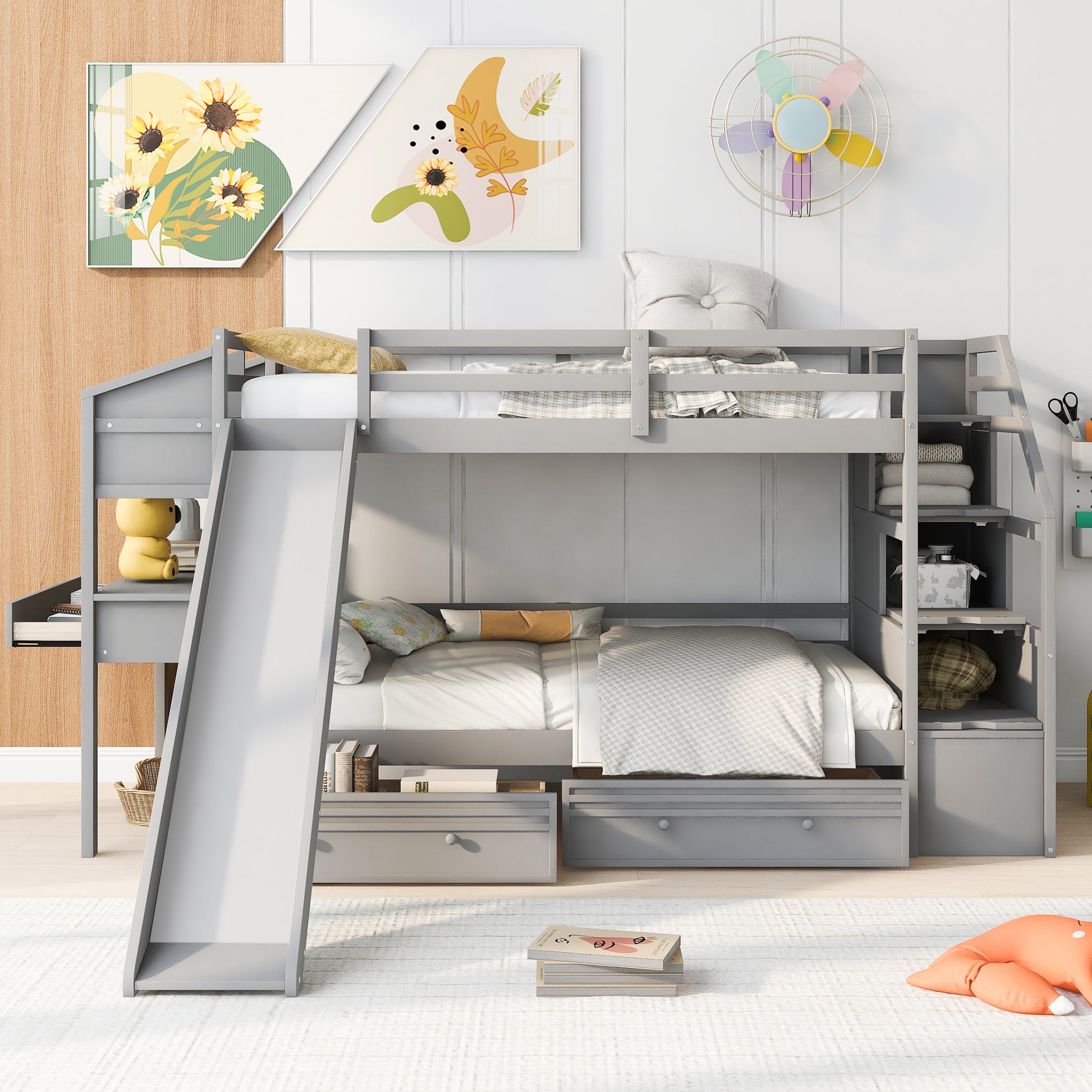 Foster Twin Bunk Bed with Desk & Slide, Gray