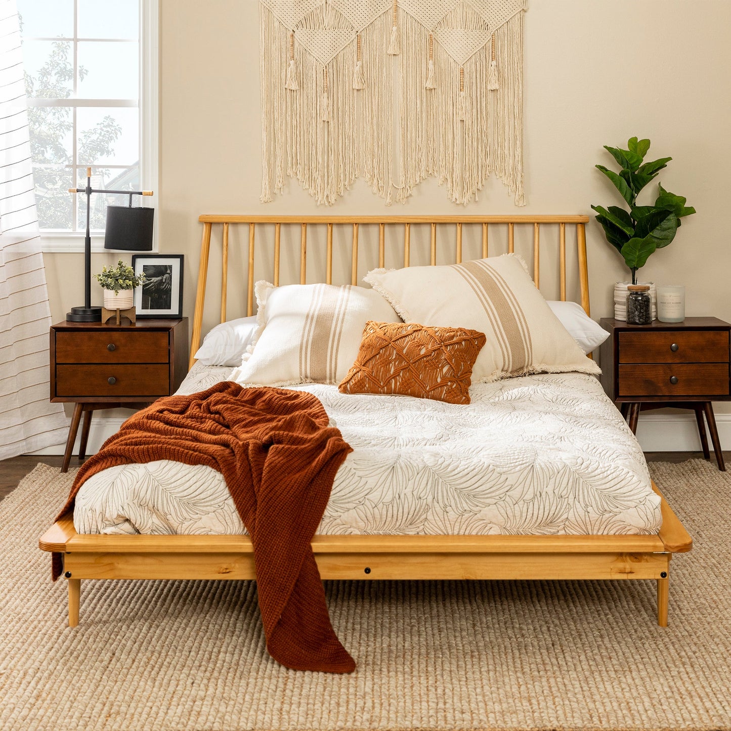 Morgan Mid-Century Modern Solid Wood Queen Platform Bed Frame with Spindle Headboard - Light Oak