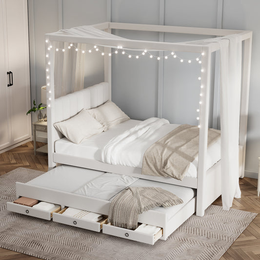 Nami Canopy Platform Bed with Trundle and Three Storage Drawers, Beige