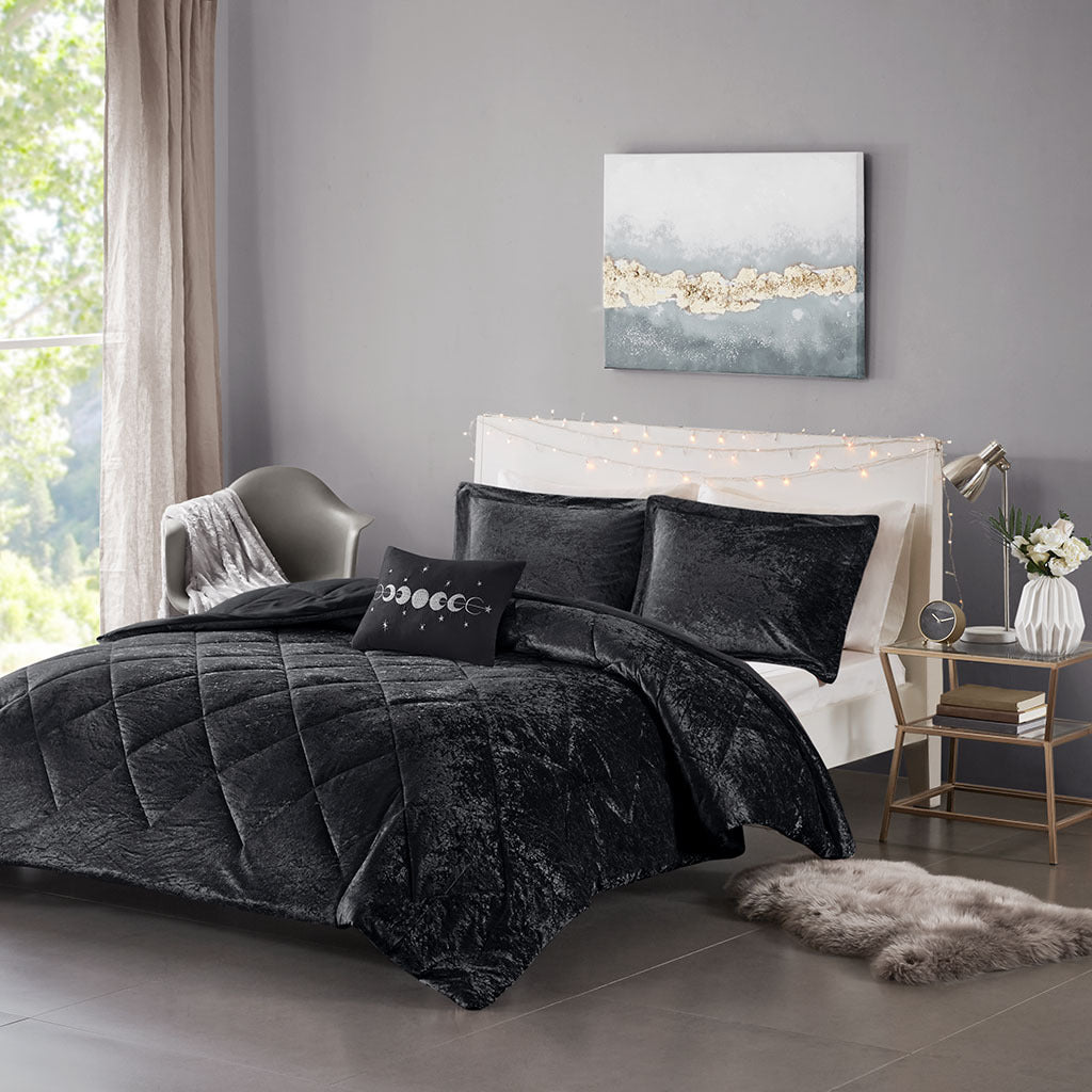 Black Velvet Comforter Set with Throw Pillow