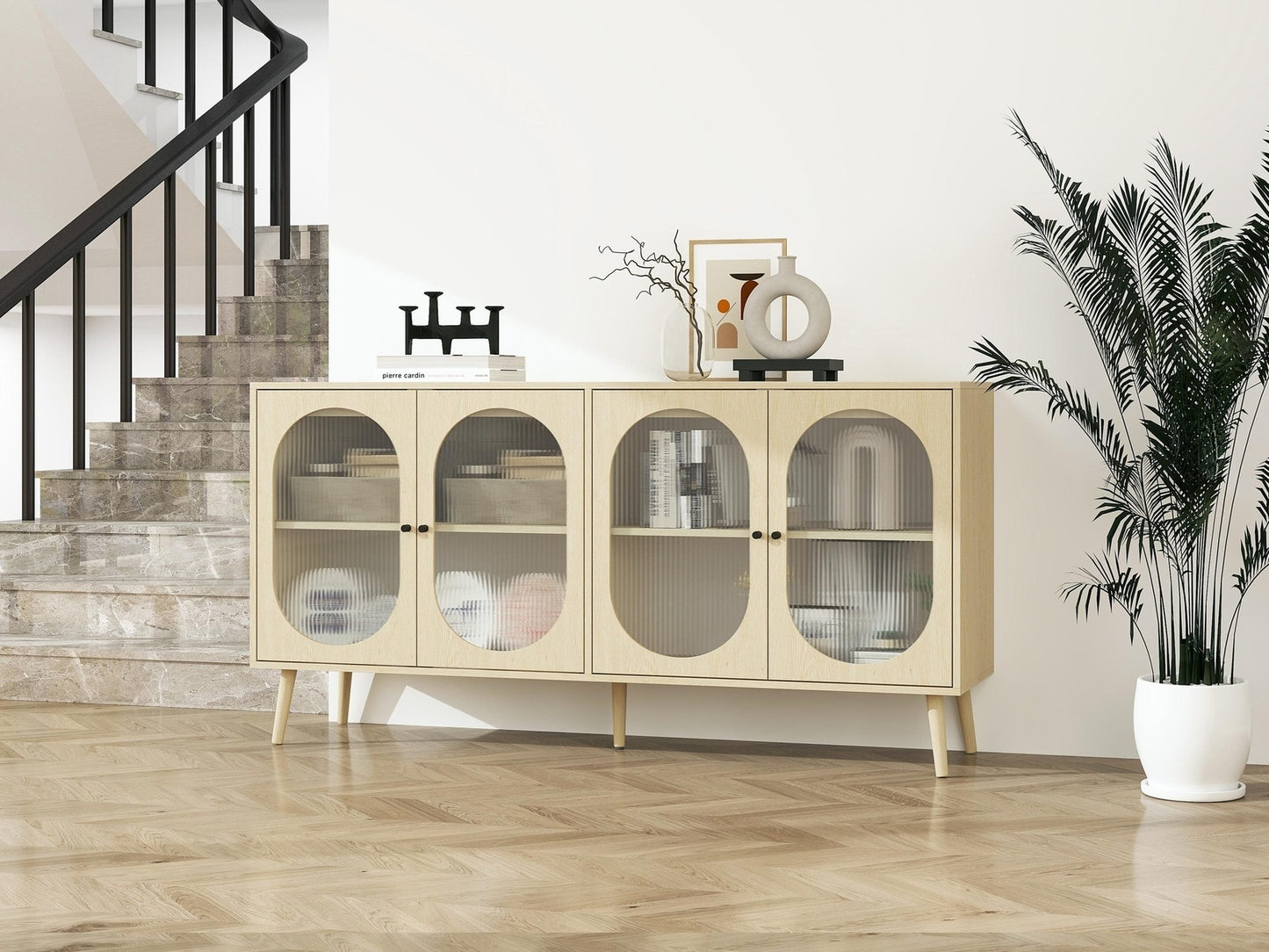 Avery Natural Finish 4-Door Cabinet with Glass Doors