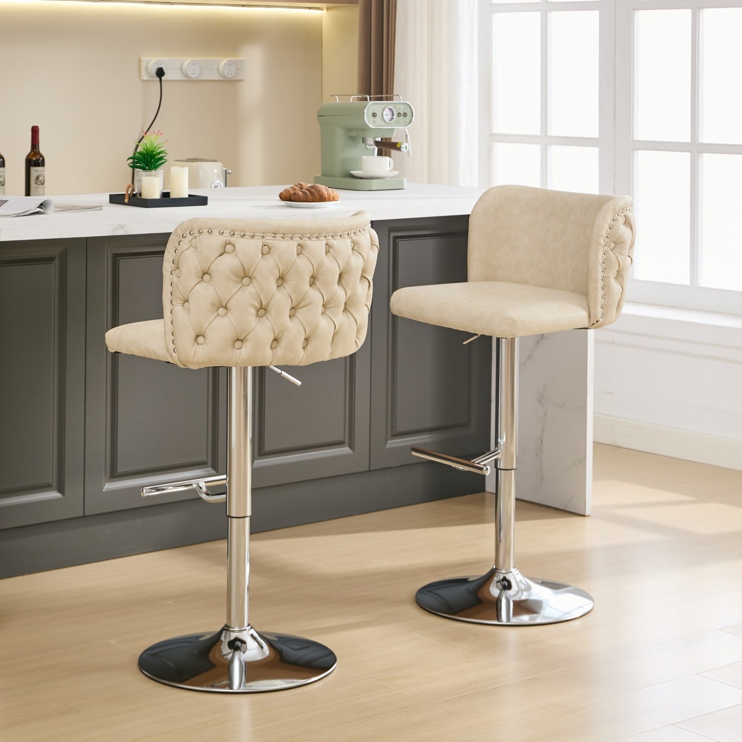 A&A Furniture Stylish Comfort Adjustable Swivel Barstools with Chrome Base & Tufted Faux Leather Set of 2 Beige