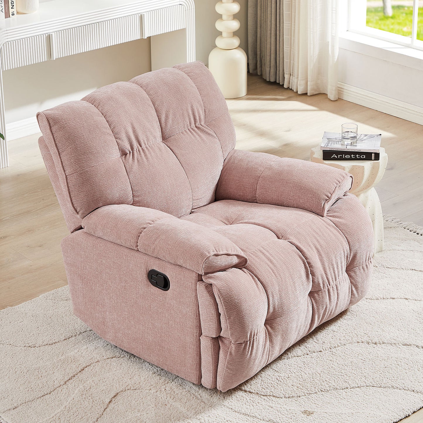 Ysella 360° Upholstered Swivel Reclining Chair with Pillow Arm, Pink