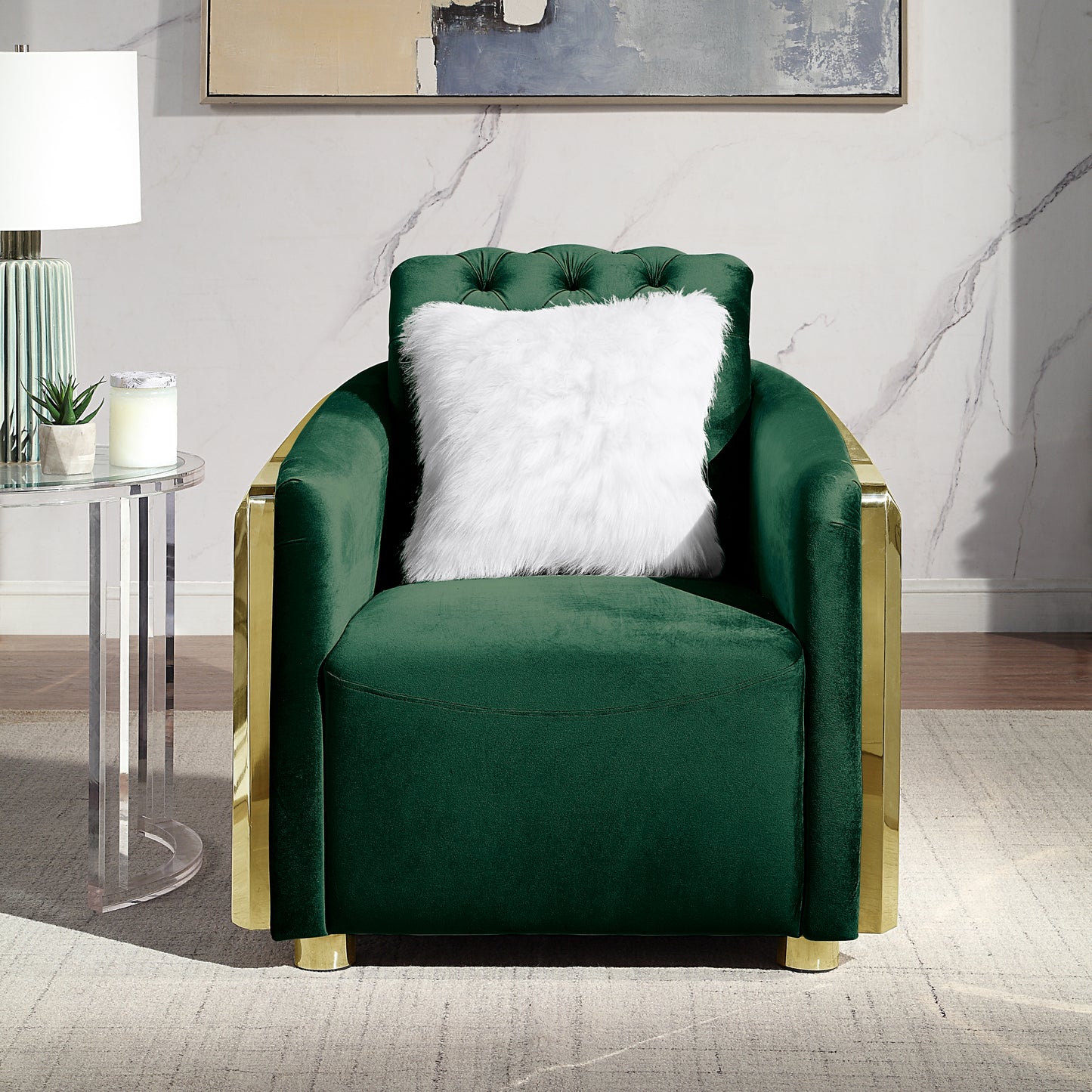 Briony Green Velvet Stainless Steel Frame Surround Upholstered Armchair