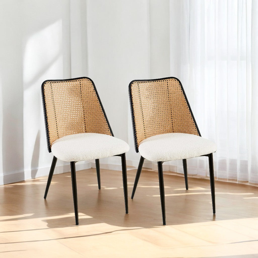 Fallon Modern Rattan Back Side Chairs with Off-White Boucle Seat Set of 2