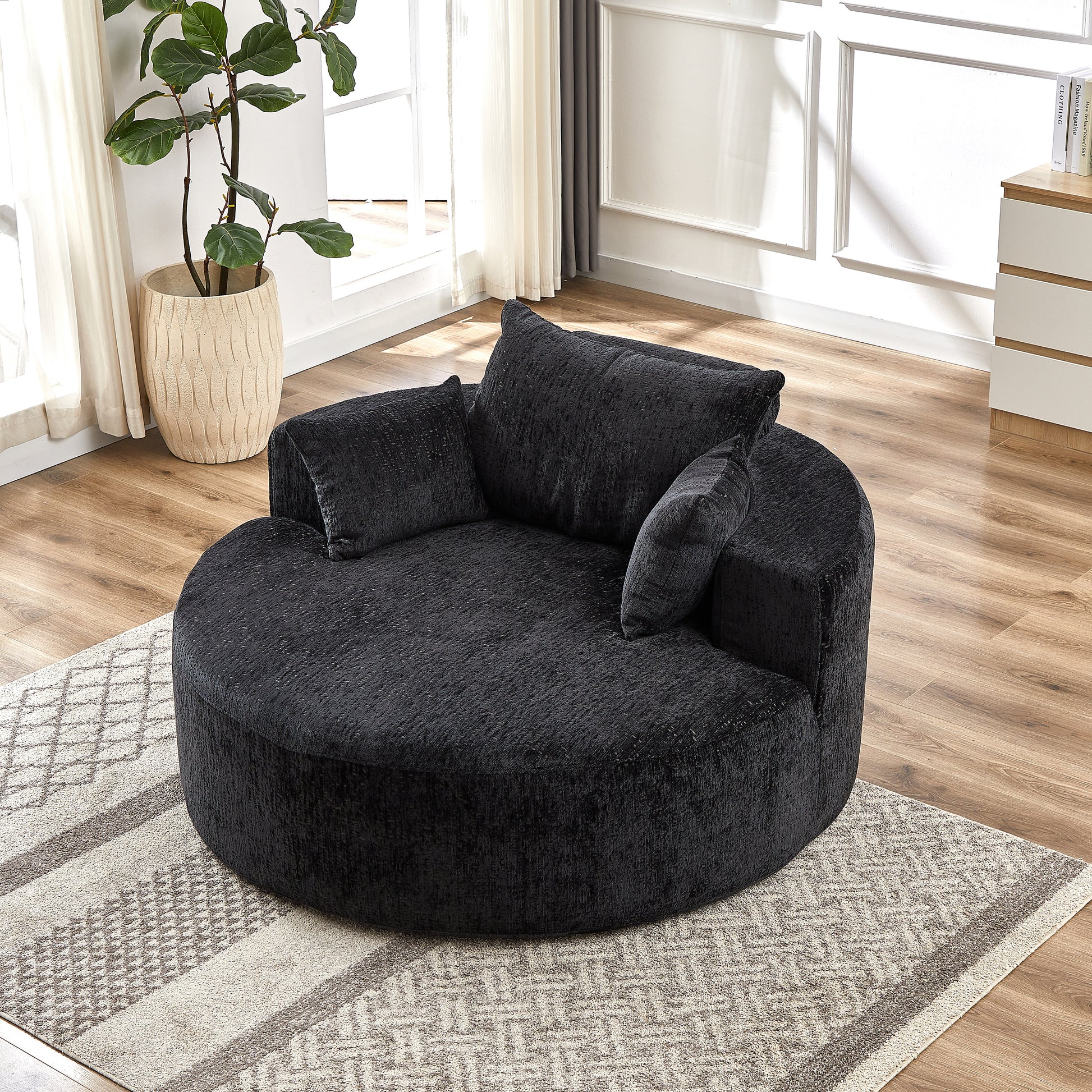 Fluffy Comfort: 55'' Chenille Black Sponge Modern Sleeper Chair for Any Space