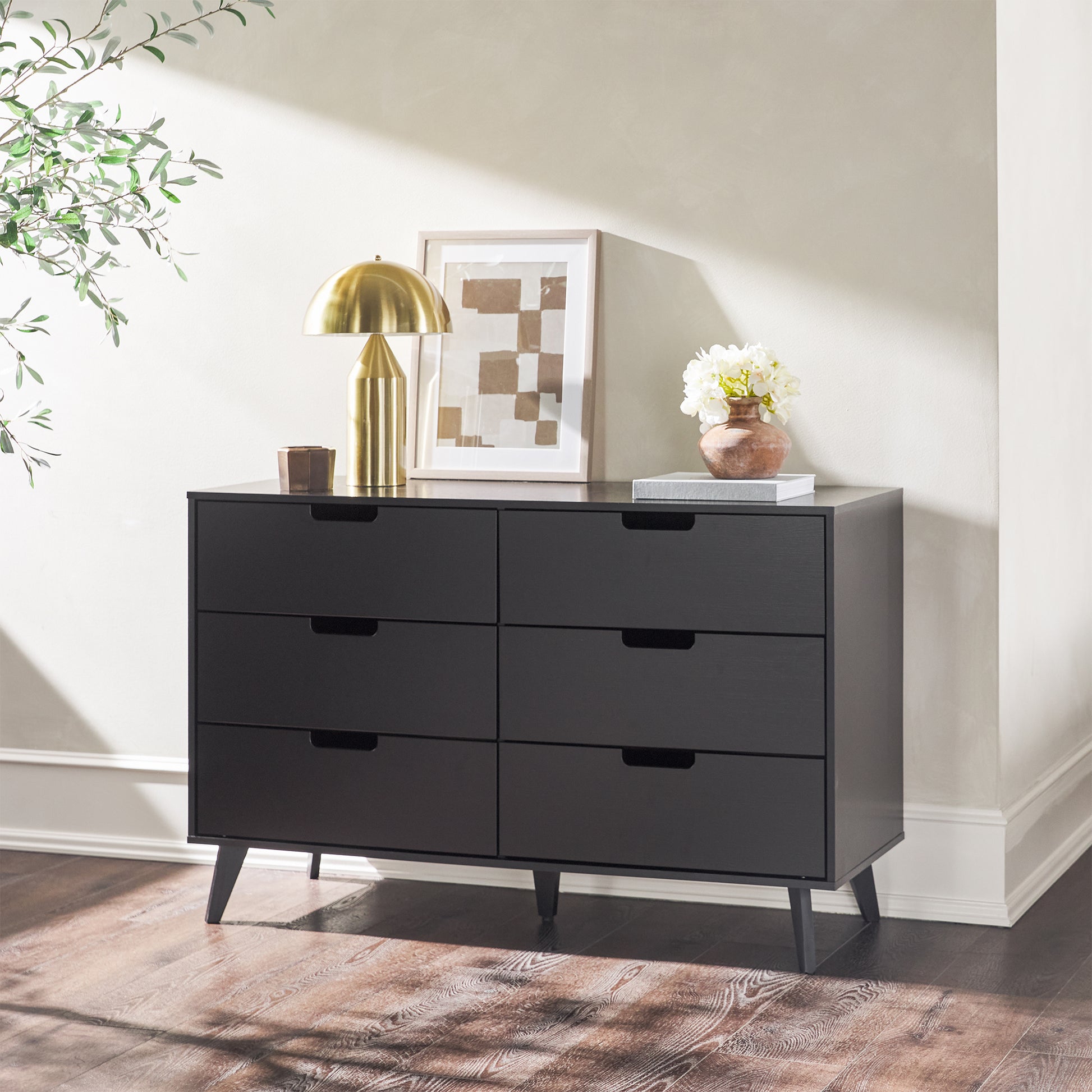 Hans Mid-Century Hans 6-Drawer Dresser with Cut-Out Handles, Black