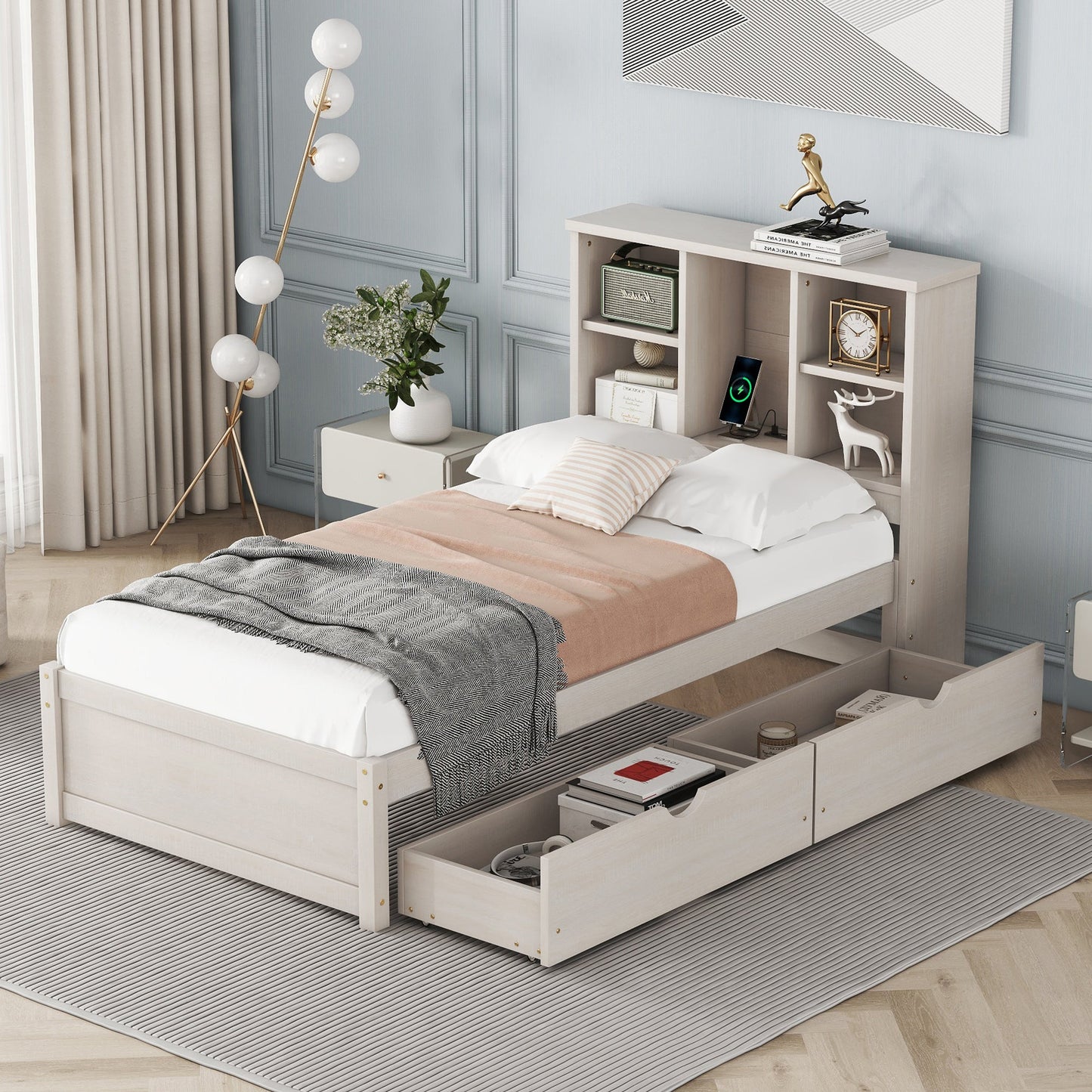 Emberly Modern Twin Size Bed Platform Bed with Bookcase Headboard & Trundle