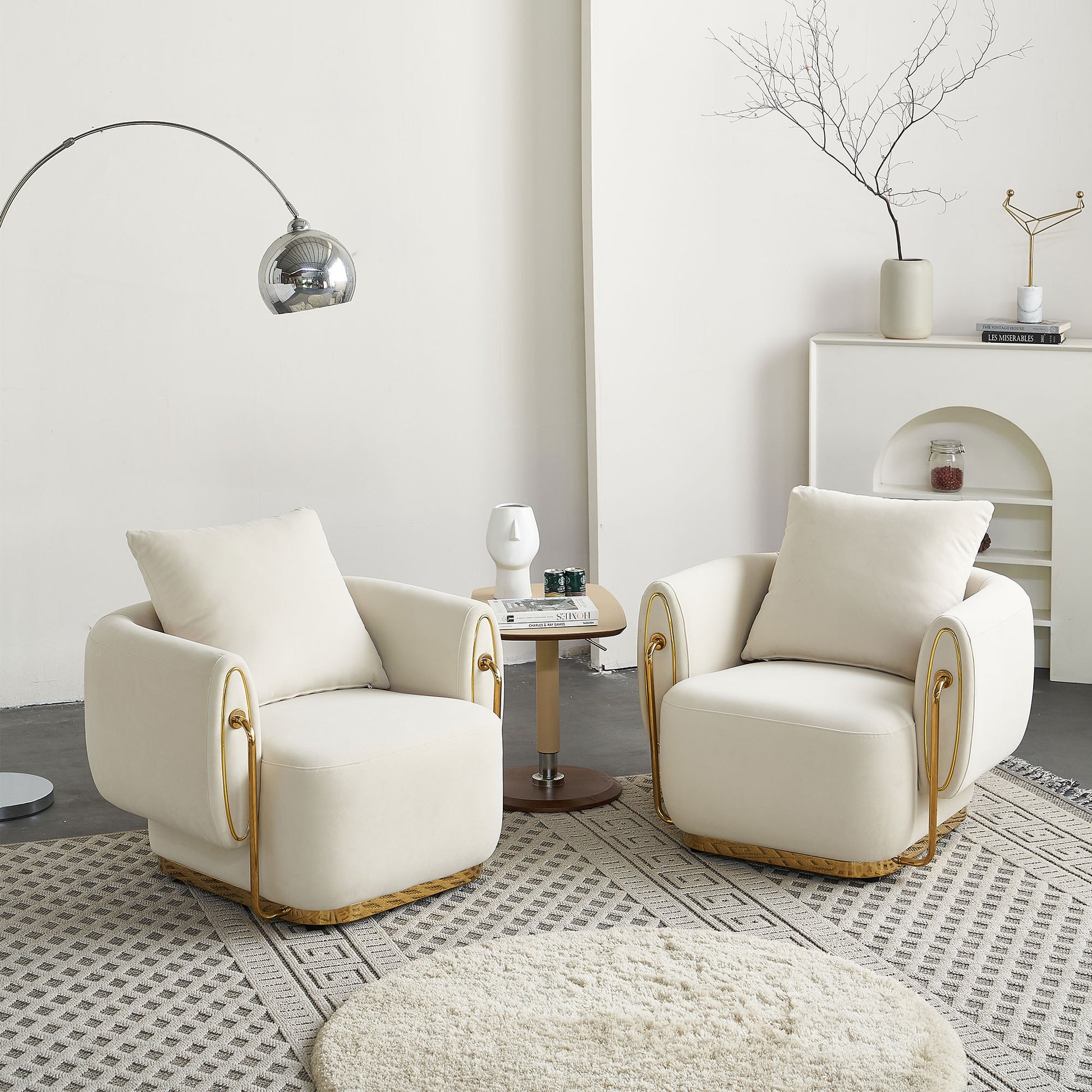 Sibyl Modern Beige Velvet Chair with Solid Wood Frame & Gold Decoration