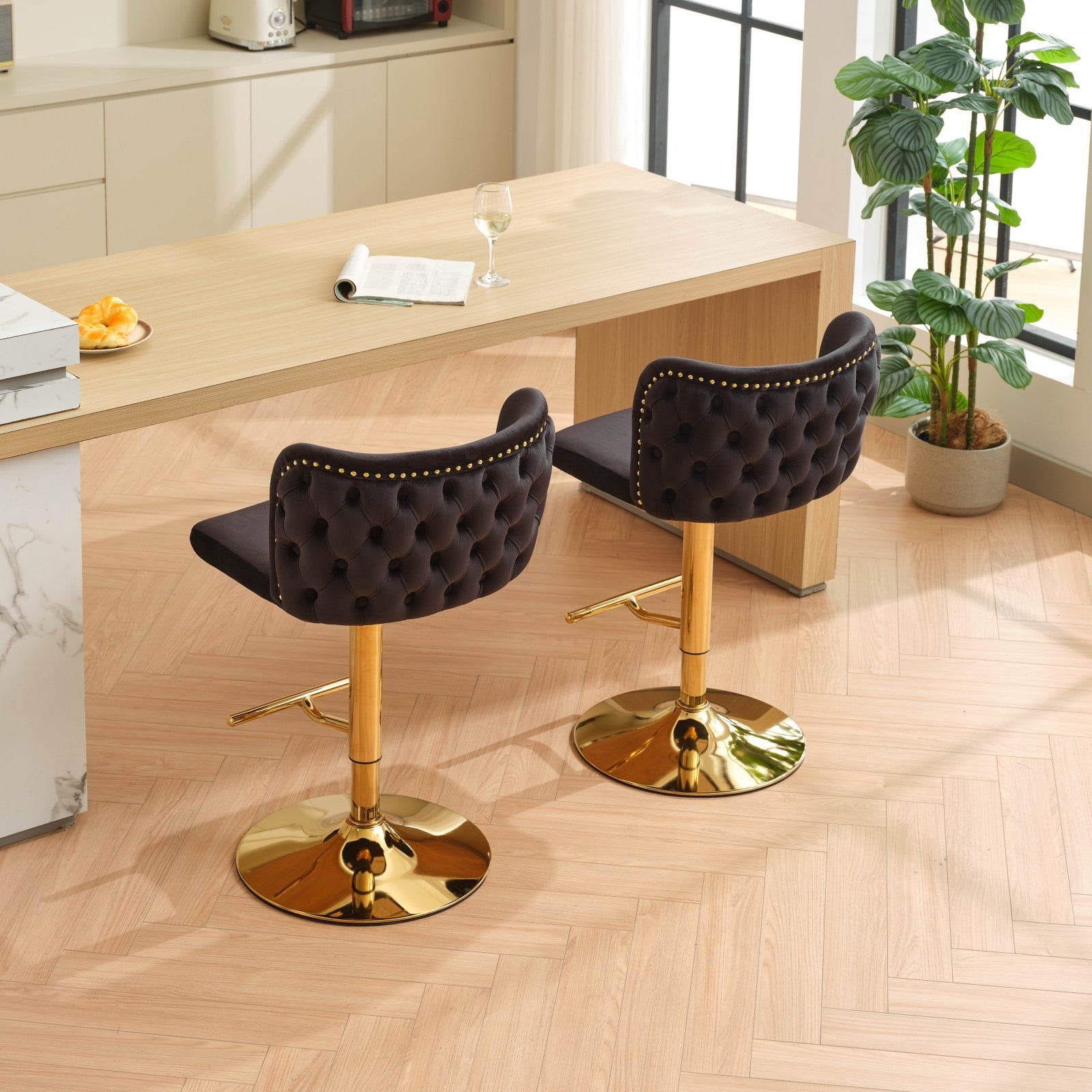 Junia Velvet Tufted Adjustable Height Bar Stools Set of 2 Black