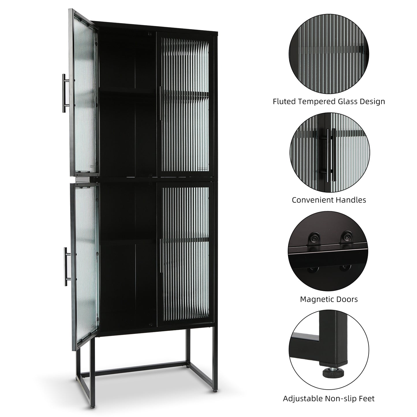 Zane 4-Door Metal Cabinet with Glass Doors, Black