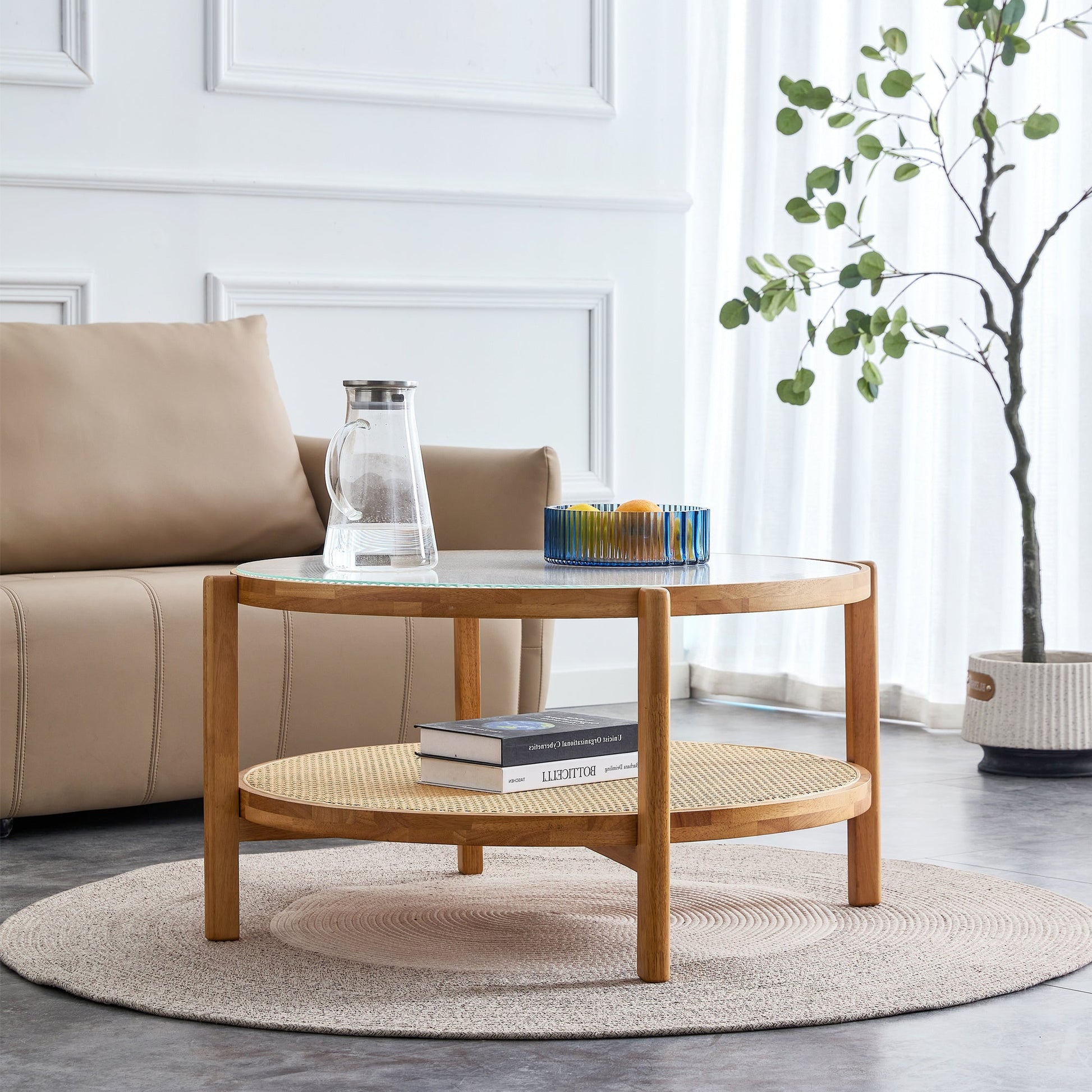 Wilma Mid-Century Modern Coffee Table with Glass Top - Natural