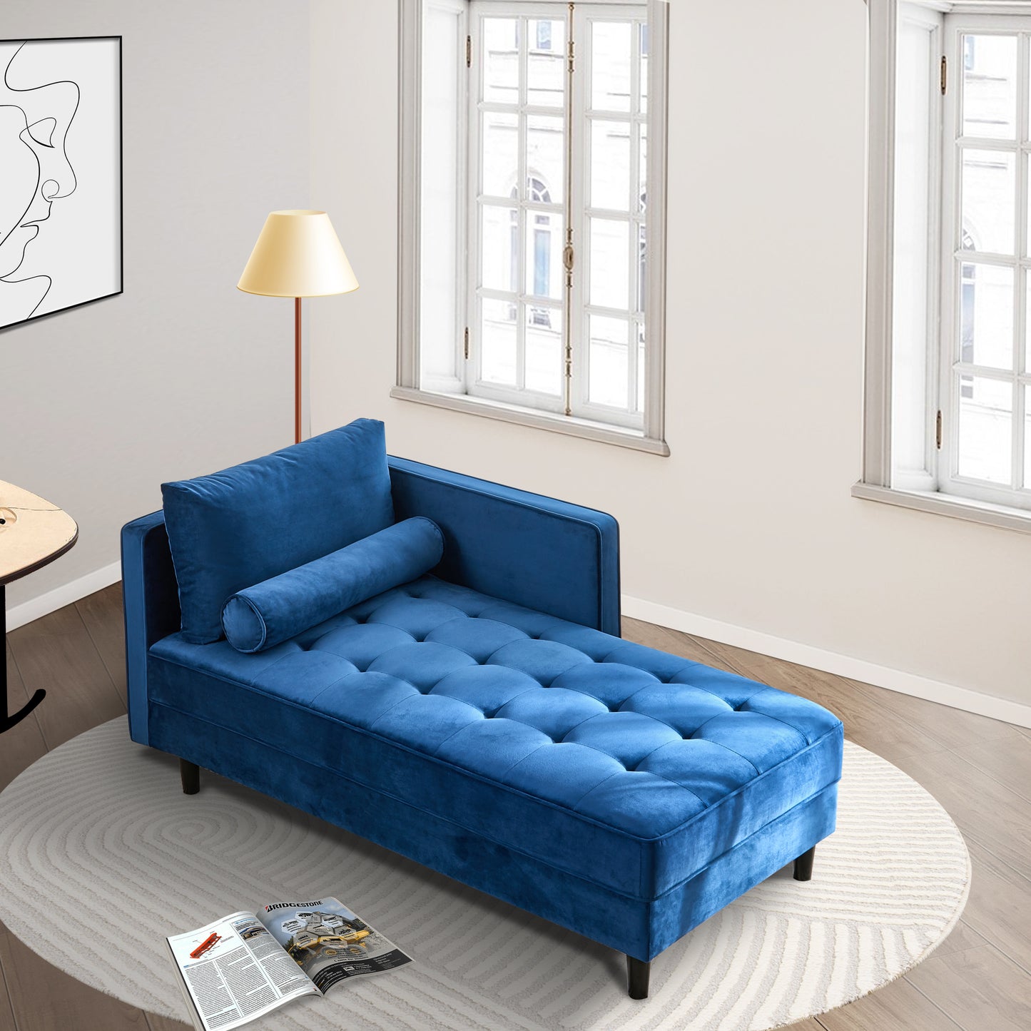 Leocadia Mid-Century Modern Velvet Chaise Lounge, Blue