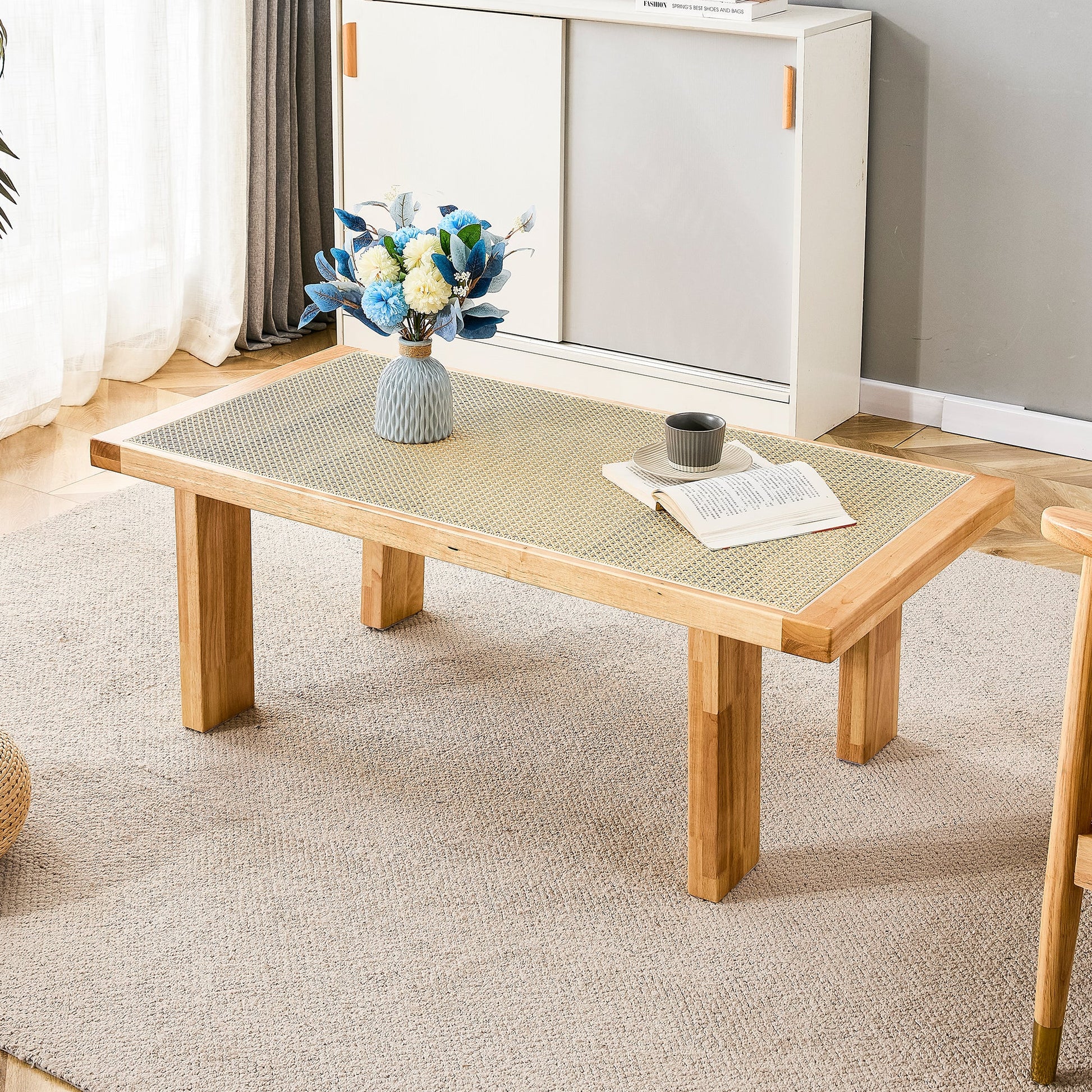 Brent Natural Finish Coffee Table with Rattan Top