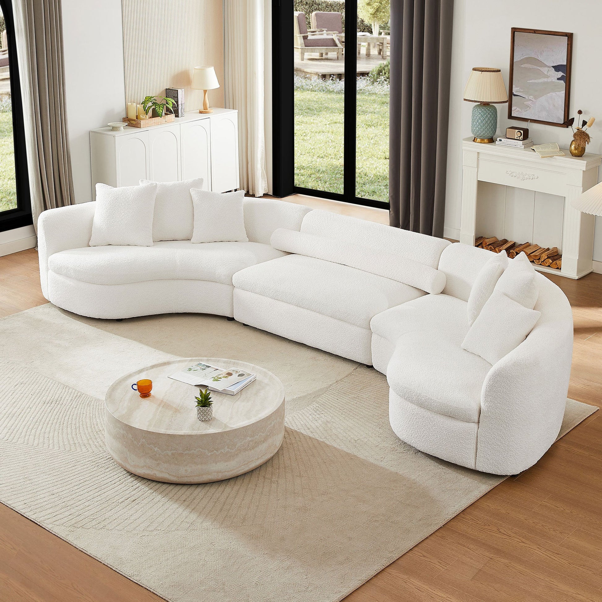 Tadhg Modern Oversize 3-Piece Curved Sectional Sofa in White Boucle